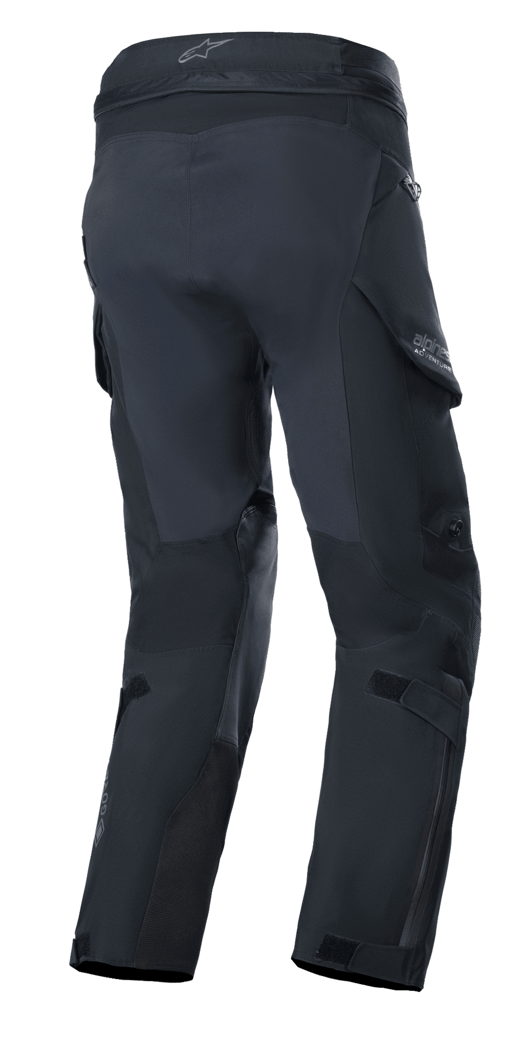 Alpinestars Boulder 3L GORE-TEX Pants, Adventure Motorcycle Pants, Black, rear view showing reinforced seat and inner leg panels, featuring waterproof cargo pockets, GORE-TEX branding on lower leg, and durable laminated construction.