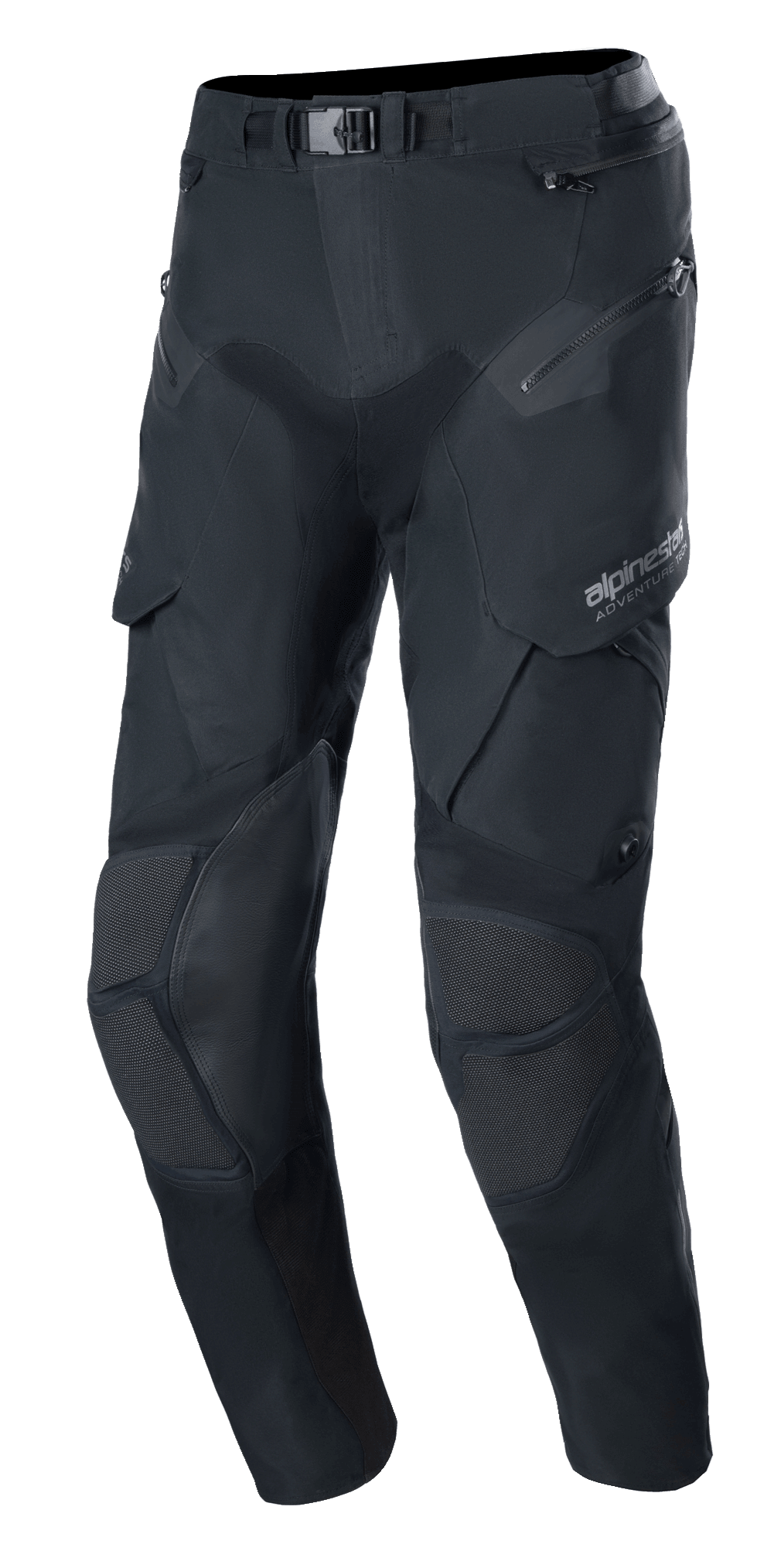 Alpinestars Boulder 3L GORE-TEX byxor, motorcykelbyxor för äventyr, svarta, teknisk textildesign med magnetiskt midjespänne, förstärkta knäpaneler med texturerade inlägg, flera fickor med dragkedjor och cargofickor, förböjd ergonomisk passform