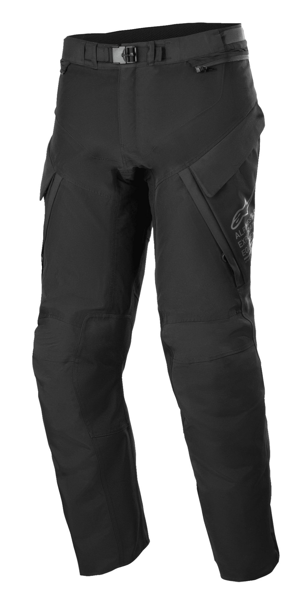 Alpinestars ST-7 2L GORE-TEX Pants, Adventure Touring Pants, Black and Dark Gray, featuring large cargo pockets, magnetic waist buckle closure, reinforced knee sections, and technical textile construction for all-weather protection