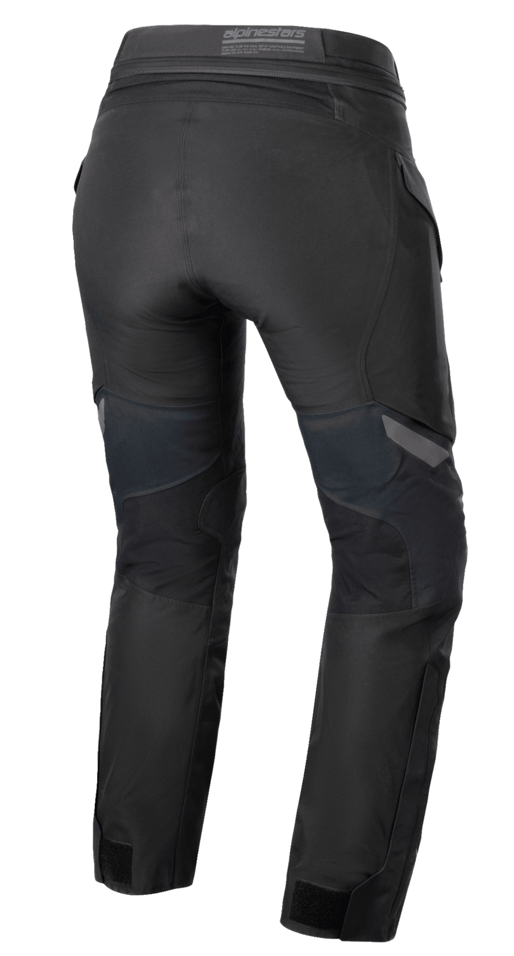 Alpinestars Stella ST-7 2L GORE-TEX-byxor för dam, svarta och mörkgrå, vy bakifrån som visar textilkonstruktionen för äventyrstouring, bakok och midjedetaljer.