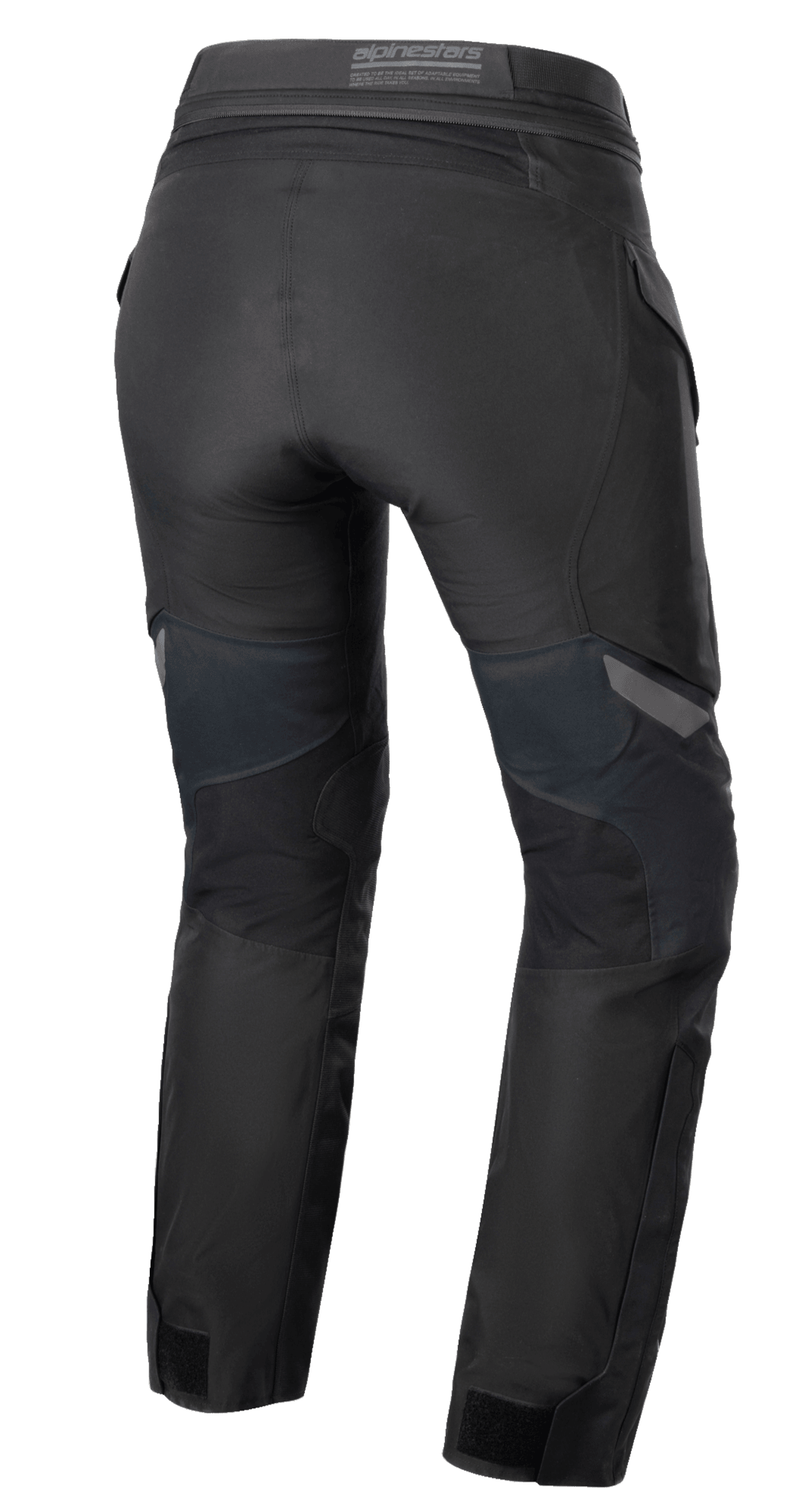 Alpinestars Stella ST-7 2L GORE-TEX-byxor för dam, svarta och mörkgrå, vy bakifrån som visar textilkonstruktionen för äventyrstouring, bakok och midjedetaljer.