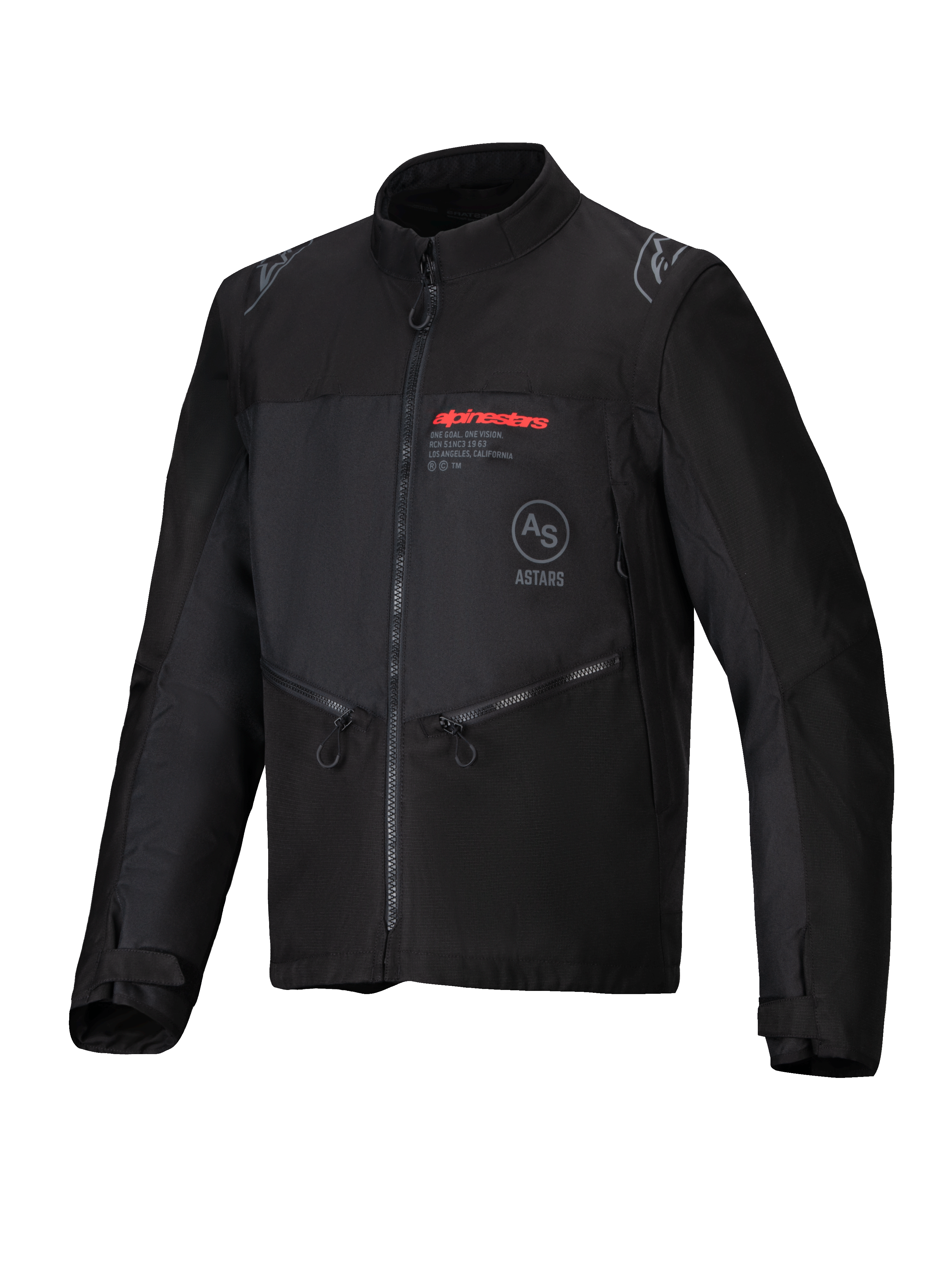 Alpinestars Pro-Dura Jacket, Black, off-road motorcycle jacket featuring durable ripstop textile, red Alpinestars logo on the chest, slanted zippered pockets, and star logo accents on the shoulders