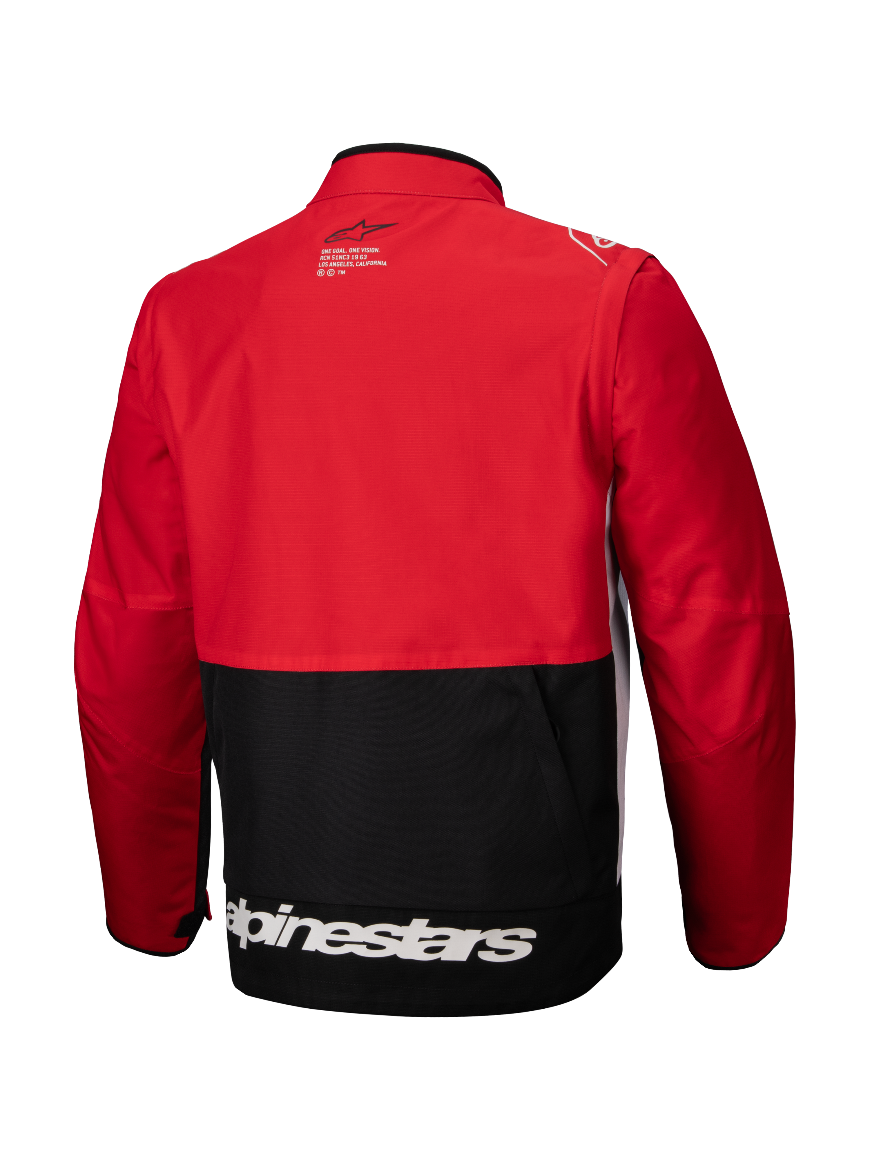 Alpinestars Pro-Dura-jacka, offroad-endurojacka, svart, klar röd och vit, baksida, med röd överdel och ärmar, svart nederdel, vit Alpinestars-logotyp längs den nedre fållen och hållbar ripstop-textil för aggressiv trailkörning.