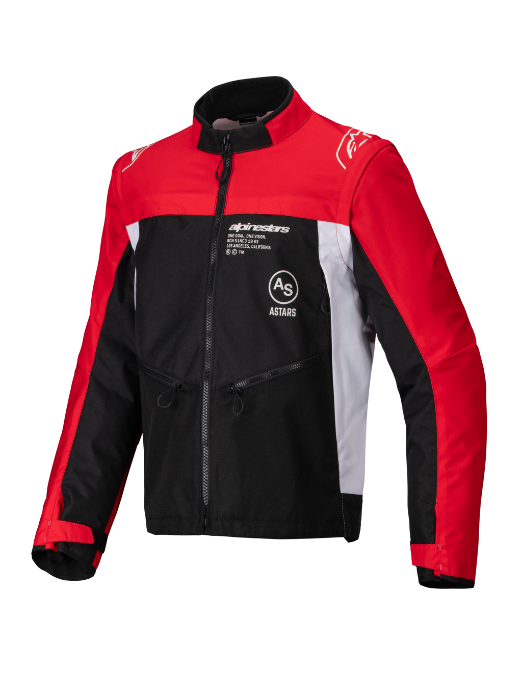 Alpinestars Pro-Dura-jacka, offroad-motorcykeljacka, svart, klarröd och vit, med hög krage, dragkedja fram och konstruktion i ripstop-textil med röda ärmar, vita sidopaneler och Alpinestars-logotyp på bröstet.