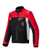 Alpinestars Pro-Dura-jacka, offroad-motorcykeljacka, svart, klarröd och vit, med hög krage, dragkedja fram och konstruktion i ripstop-textil med röda ärmar, vita sidopaneler och Alpinestars-logotyp på bröstet.