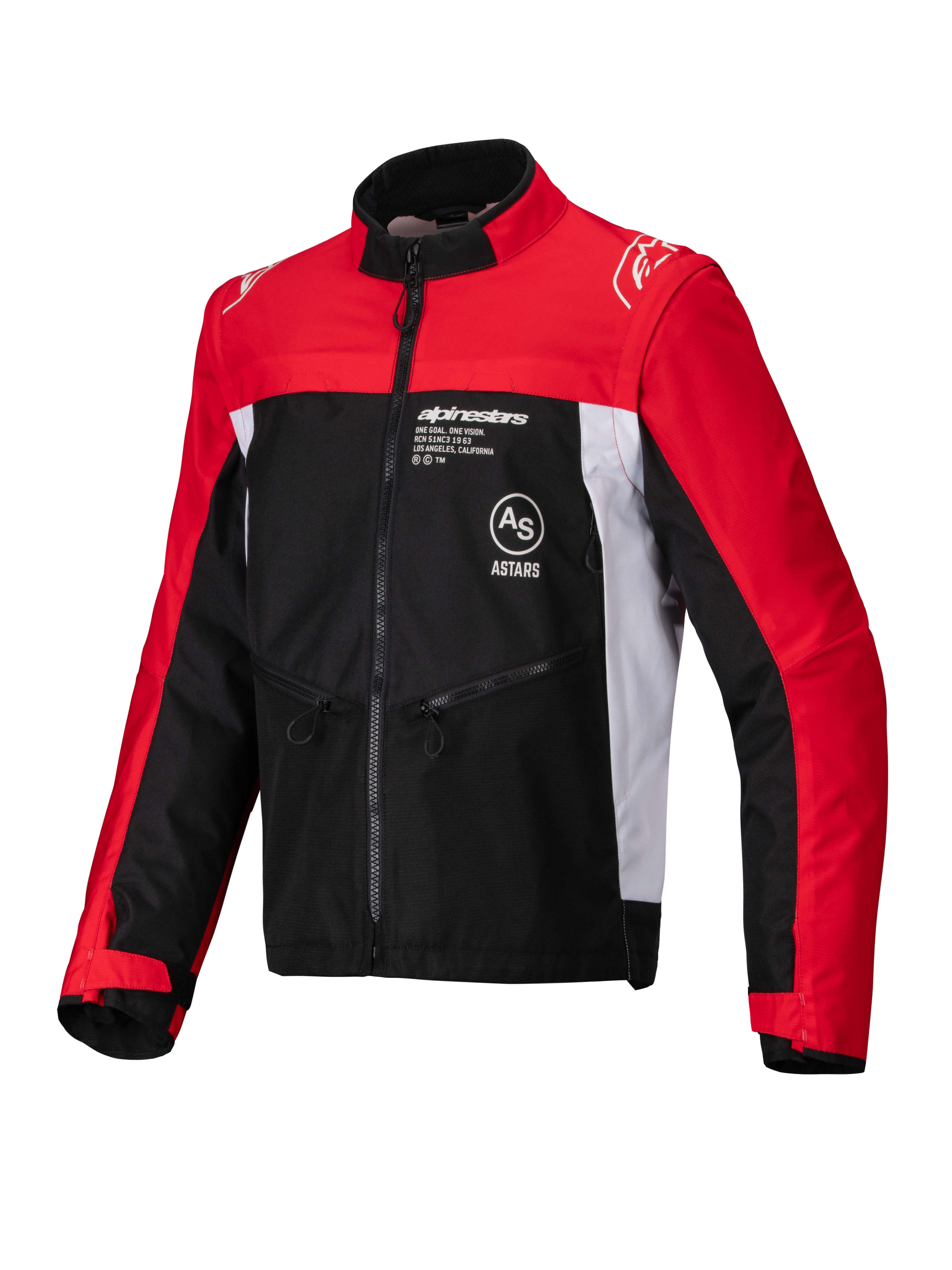 Alpinestars Pro-Dura-jacka, offroad-motorcykeljacka, svart, klarröd och vit, med hög krage, dragkedja fram och konstruktion i ripstop-textil med röda ärmar, vita sidopaneler och Alpinestars-logotyp på bröstet.