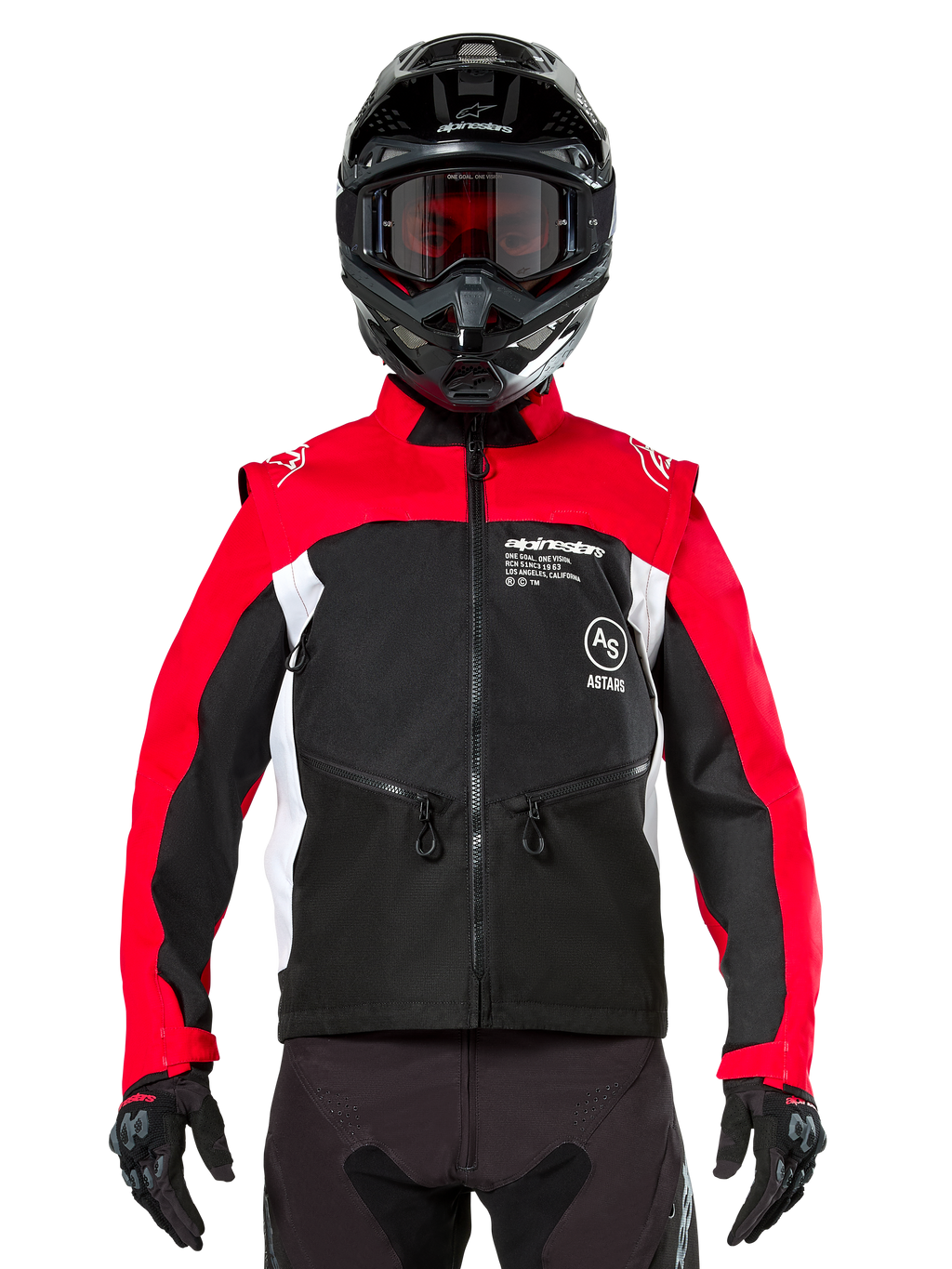 Alpinestars Pro-Dura-jacka, offroad-motorcykeljacka, svart, klarröd och vit, bärs av en förare med svart motocrosshjälm och goggles, med en hållbar ripstop-konstruktion och vita sidopaneler, designad för enduro- och trailkörning