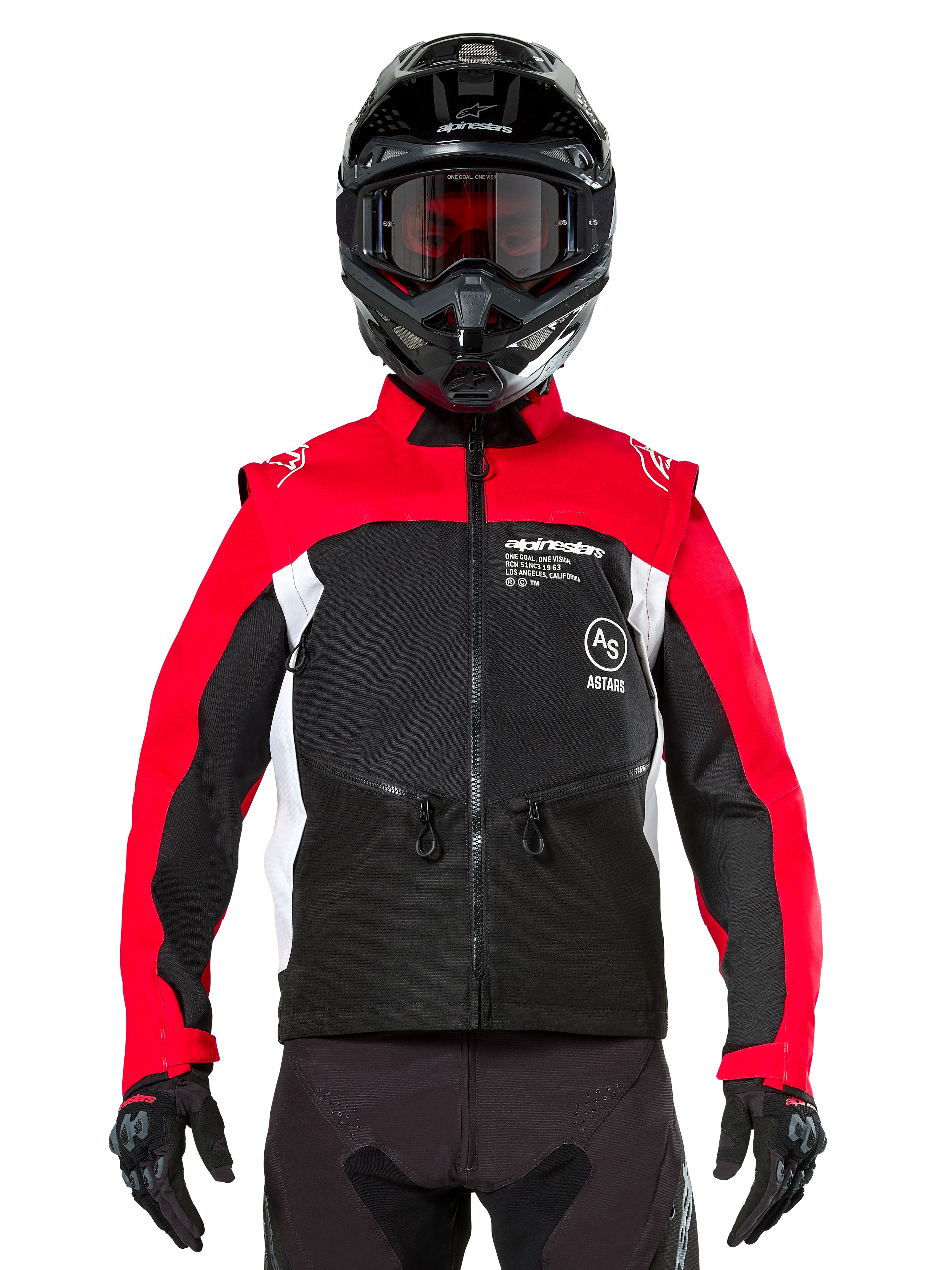 Alpinestars Pro-Dura-jacka, offroad-motorcykeljacka, svart, klarröd och vit, bärs av en förare med svart motocrosshjälm och goggles, med en hållbar ripstop-konstruktion och vita sidopaneler, designad för enduro- och trailkörning