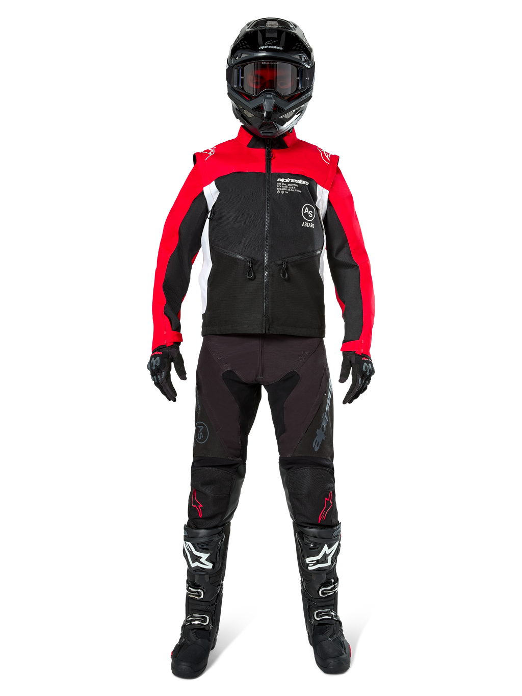 Motocrossförare i komplett offroad-utrustning, Alpinestars Pro-Dura-jacka i svart, klarröd och vit, svarta byxor med röda detaljer, svart hjälm med röda goggles, svarta och vita stövlar, matchande outfit för enduro- och trailkörning