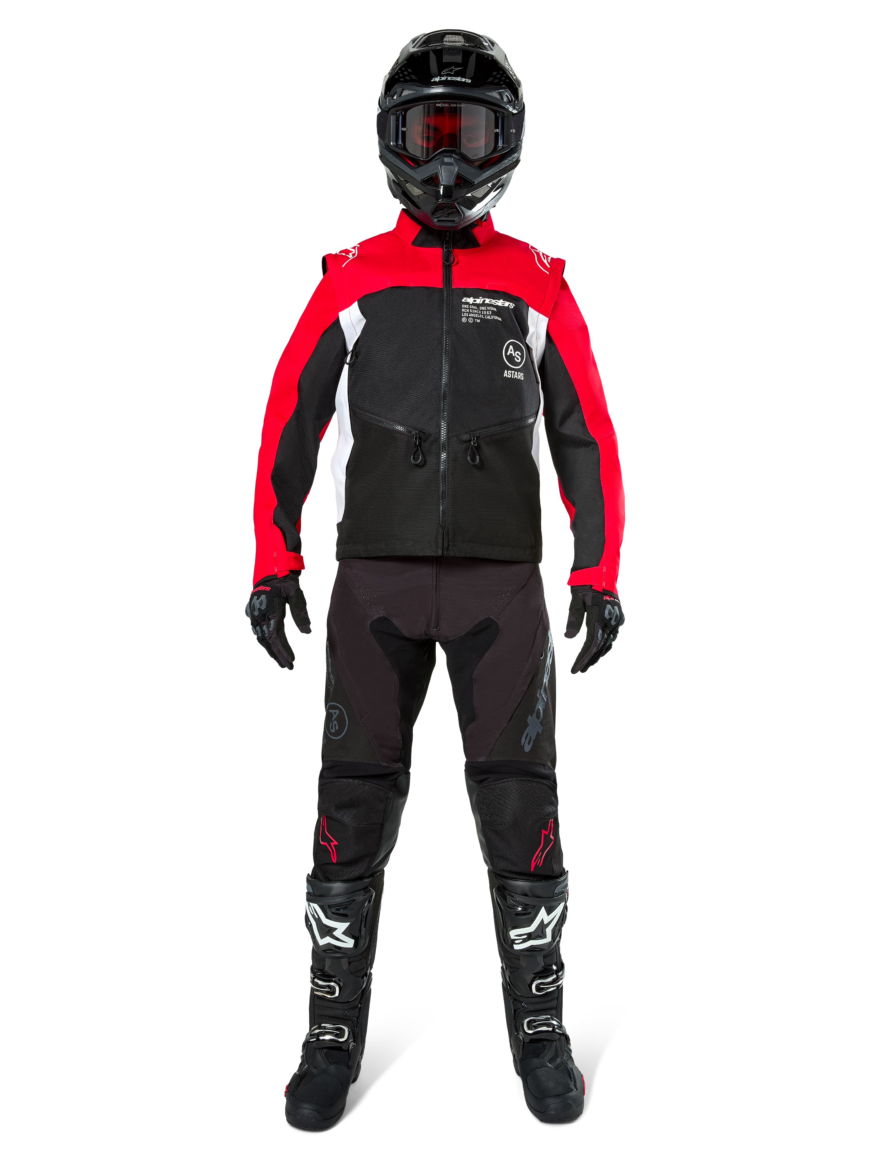 Motocrossförare i komplett offroad-utrustning, Alpinestars Pro-Dura-jacka i svart, klarröd och vit, svarta byxor med röda detaljer, svart hjälm med röda goggles, svarta och vita stövlar, matchande outfit för enduro- och trailkörning