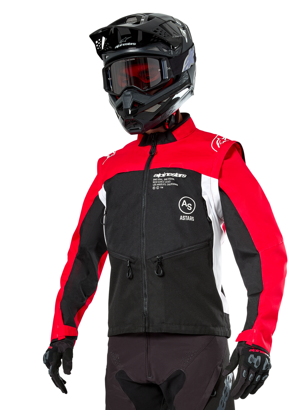 Alpinestars Pro-Dura-jacka, endurojacka för offroad, svart med klarröda och vita färgfält, bärs av en förare med svart hjälm och goggles, framfickor med dragkedja och Alpinestars-logotyp, hållbar textilkonstruktion för trailkörning