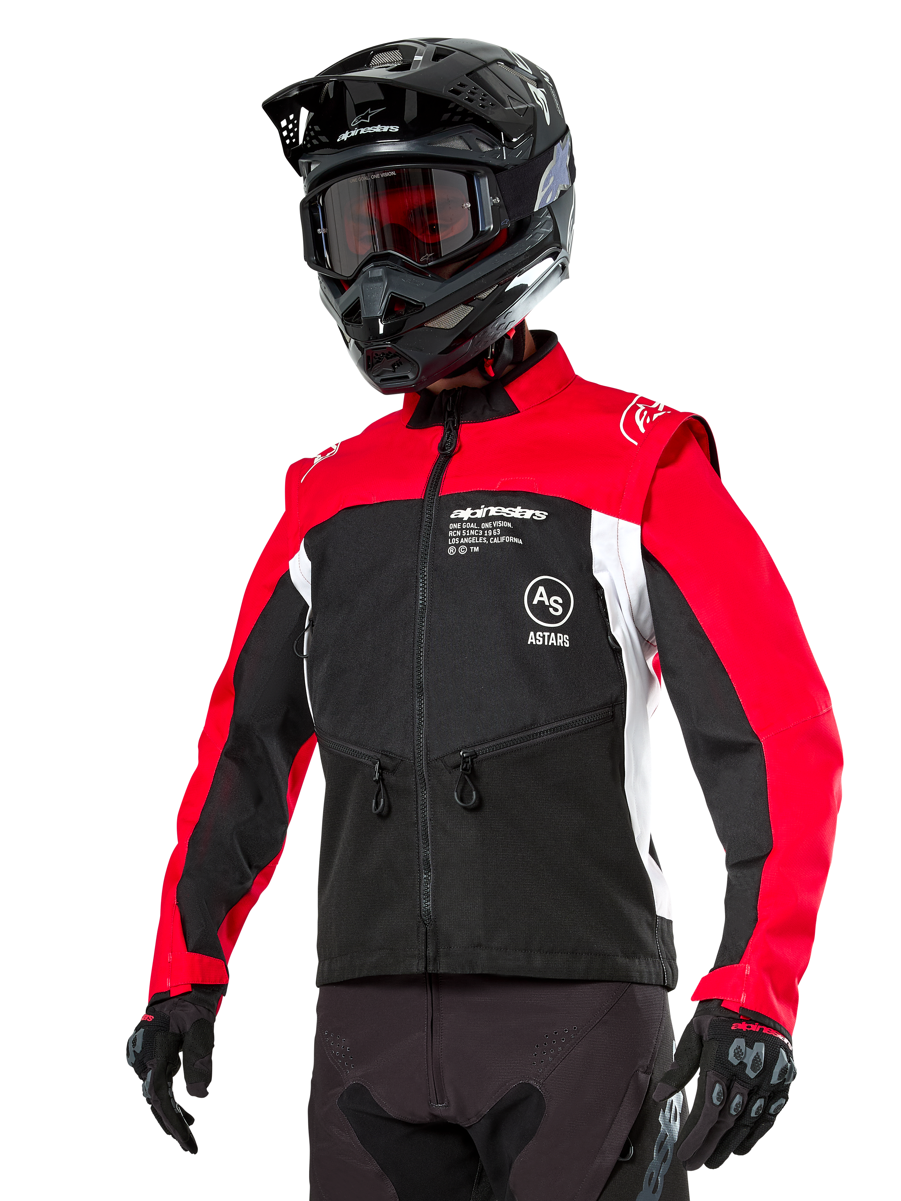 Alpinestars Pro-Dura-jacka, endurojacka för offroad, svart med klarröda och vita färgfält, bärs av en förare med svart hjälm och goggles, framfickor med dragkedja och Alpinestars-logotyp, hållbar textilkonstruktion för trailkörning