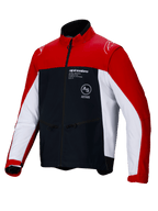 Alpinestars Lite-Dura Softshell Jacket, Off-Road Enduro Motorcycle Jacket, Black Bright Red and White, featuring a color-block design with red shoulders and outer sleeves, white side panels, and black chest with Alpinestars branding, zippered pockets, and high-collar design