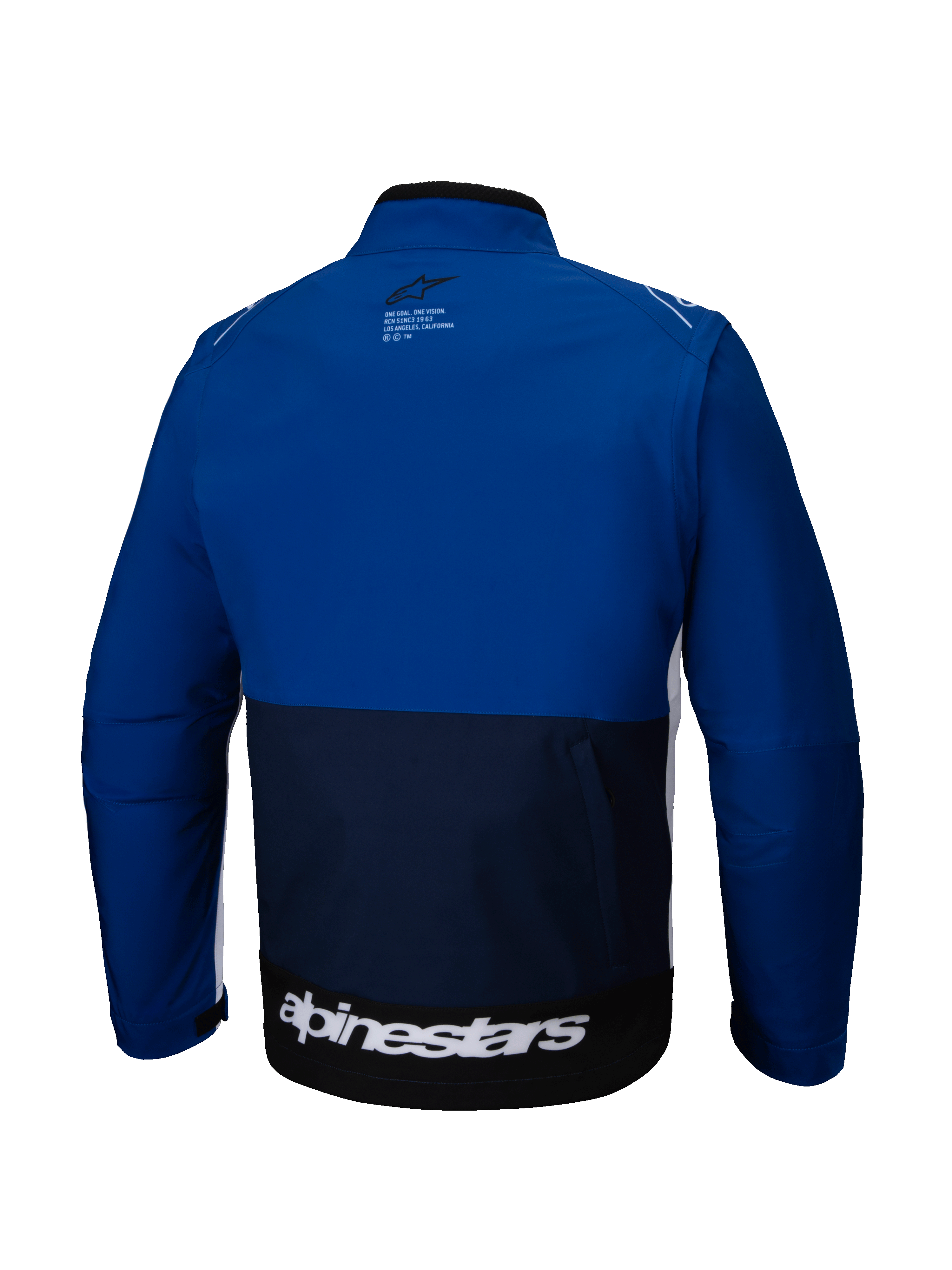 Alpinestars Lite-Dura Softshell Jacket, Back View, Navy, Bright Blue, and White, Off-road motorcycle jacket featuring a color-blocked design, large white branding on the lower back hem, and a small logo on the upper back.