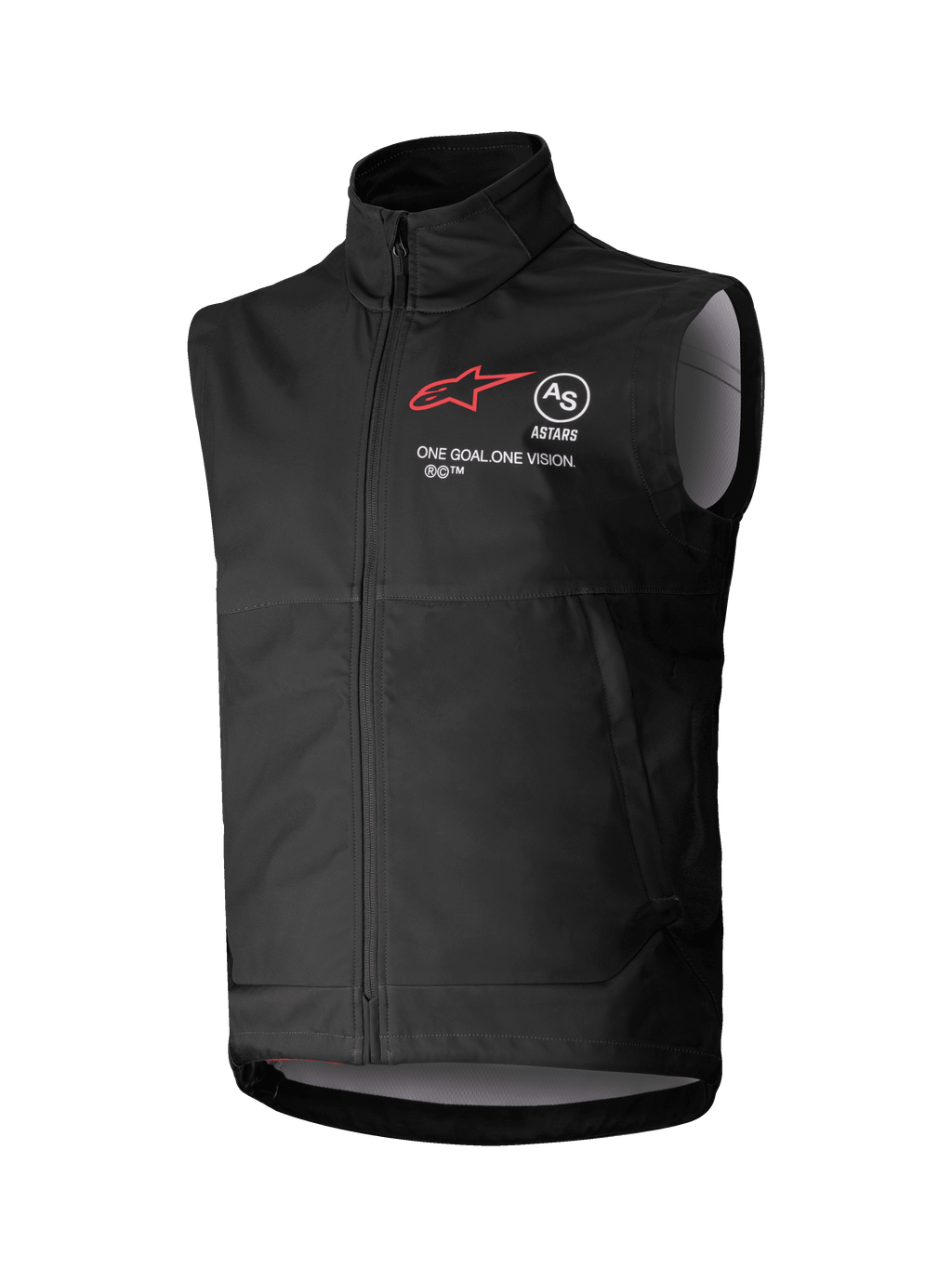 Alpinestars Techstar Softshell-väst, svart ärmlös motocrossväst, hög krage med dragkedja fram, röd stjärnlogotyp med "ASTARS" och "ONE GOAL. ONE VISION."-märkning på bröstet, lätt vindtätt softshell-tyg med ljusgrått innerfoder, designad för terrängkörning
