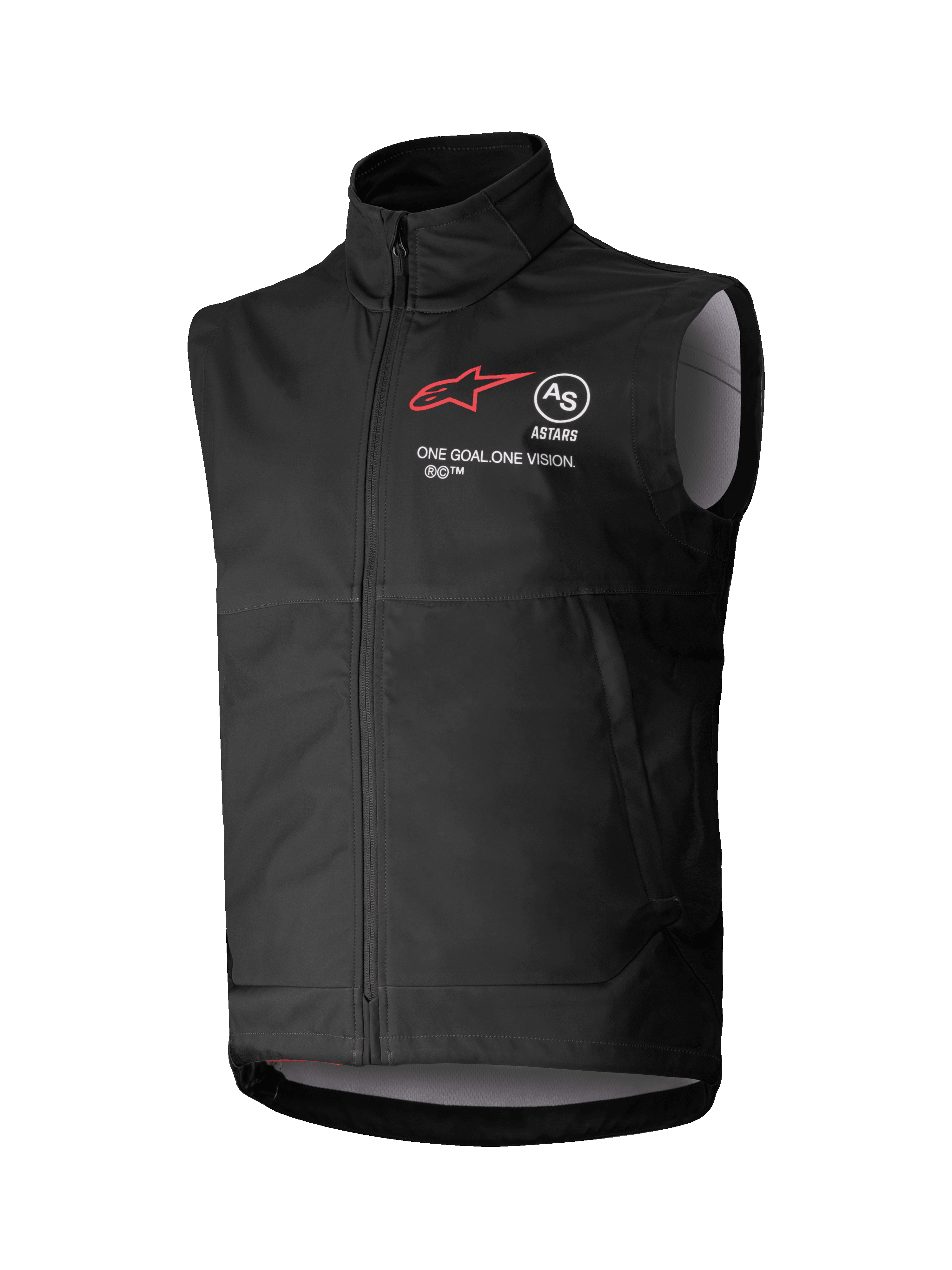 Alpinestars Techstar Softshell-väst, svart ärmlös motocrossväst, hög krage med dragkedja fram, röd stjärnlogotyp med "ASTARS" och "ONE GOAL. ONE VISION."-märkning på bröstet, lätt vindtätt softshell-tyg med ljusgrått innerfoder, designad för terrängkörning