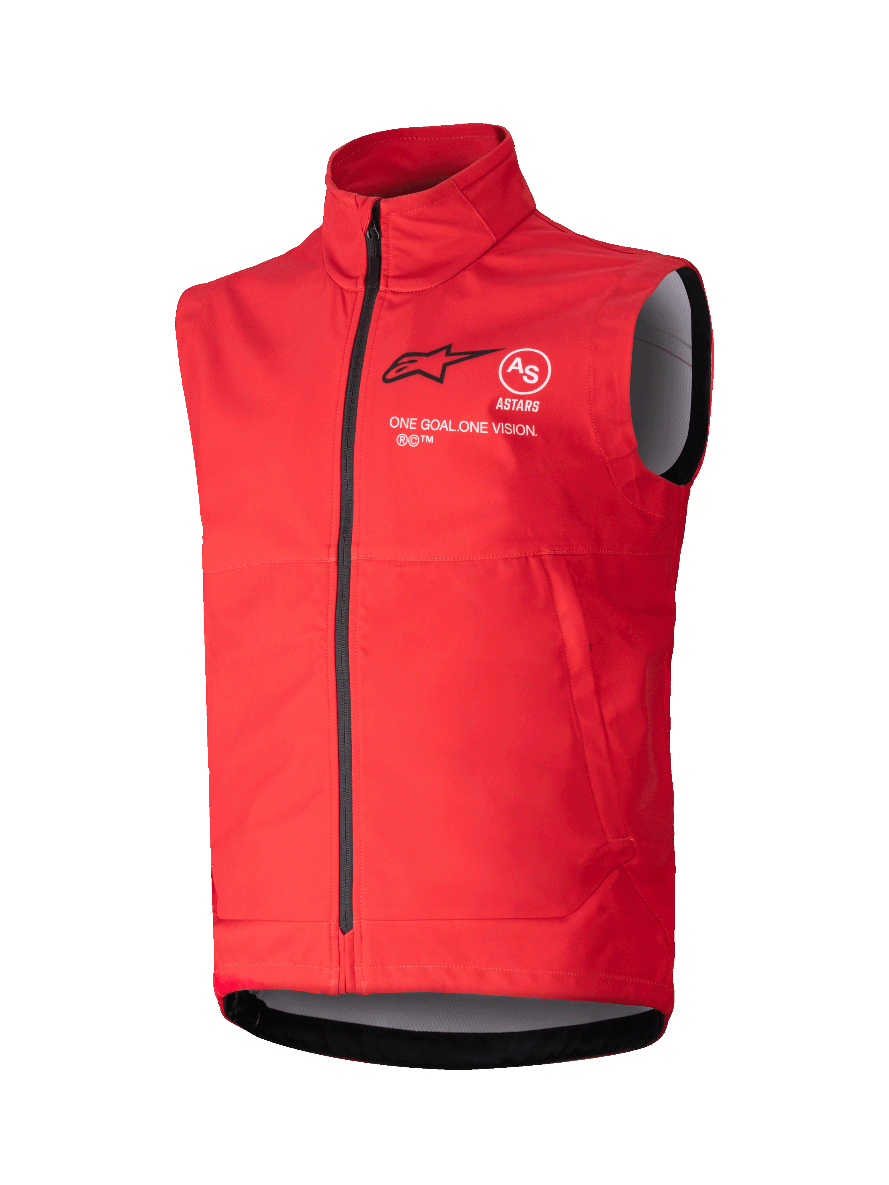Alpinestars Techstar Softshell Vest, klarröd ärmlös vindtät väst, hög krage med svart dragkedja, vit och svart ASTARS-logotyp med mottot 'ONE GOAL ONE VISION' på bröstet, grått innerfoder, sportig design för motocross