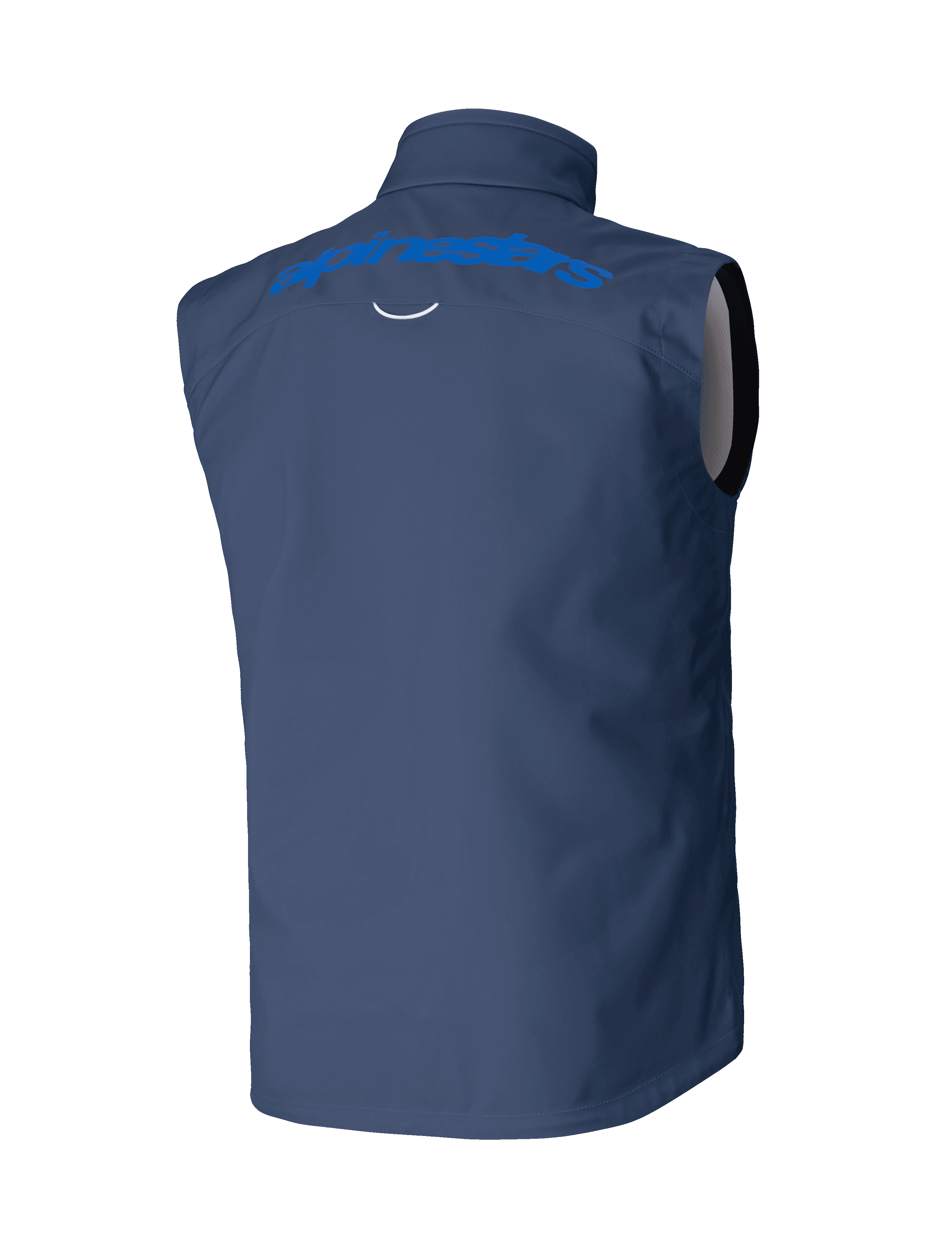 Alpinestars Techstar Softshell Vest, Navy Blue, back view featuring a light blue Alpinestars wordmark across the shoulders, windproof stretch softshell construction for motocross and off-road riding.