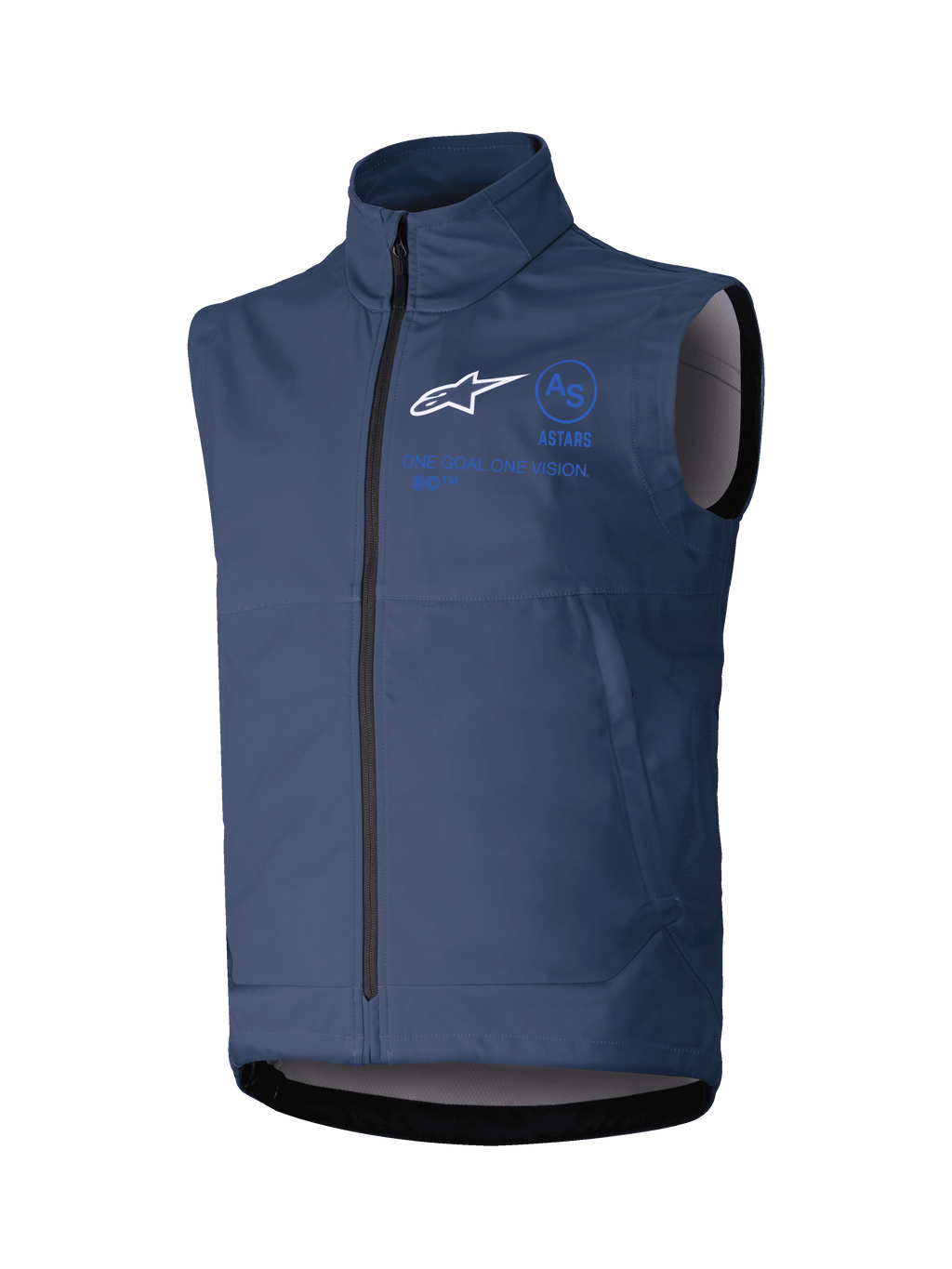 Alpinestars Techstar Softshell Vest, Navy Blue, Sleeveless Motorcycle Jacket, High Collar with Front Zipper, White ASTARS Logo and Blue Branding, Technical Softshell Fabric for Off-Road Riding