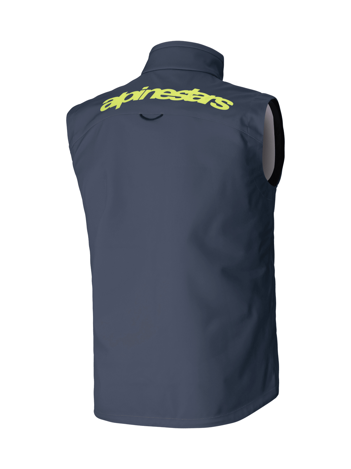 Alpinestars Techstar Softshell-väst, mörkgrå, vy bakifrån, med ett framträdande gult Alpinestars-ordmärke på axlarna, ärmlös vindtät design, prestandautrustning för motocross och terrängkörning