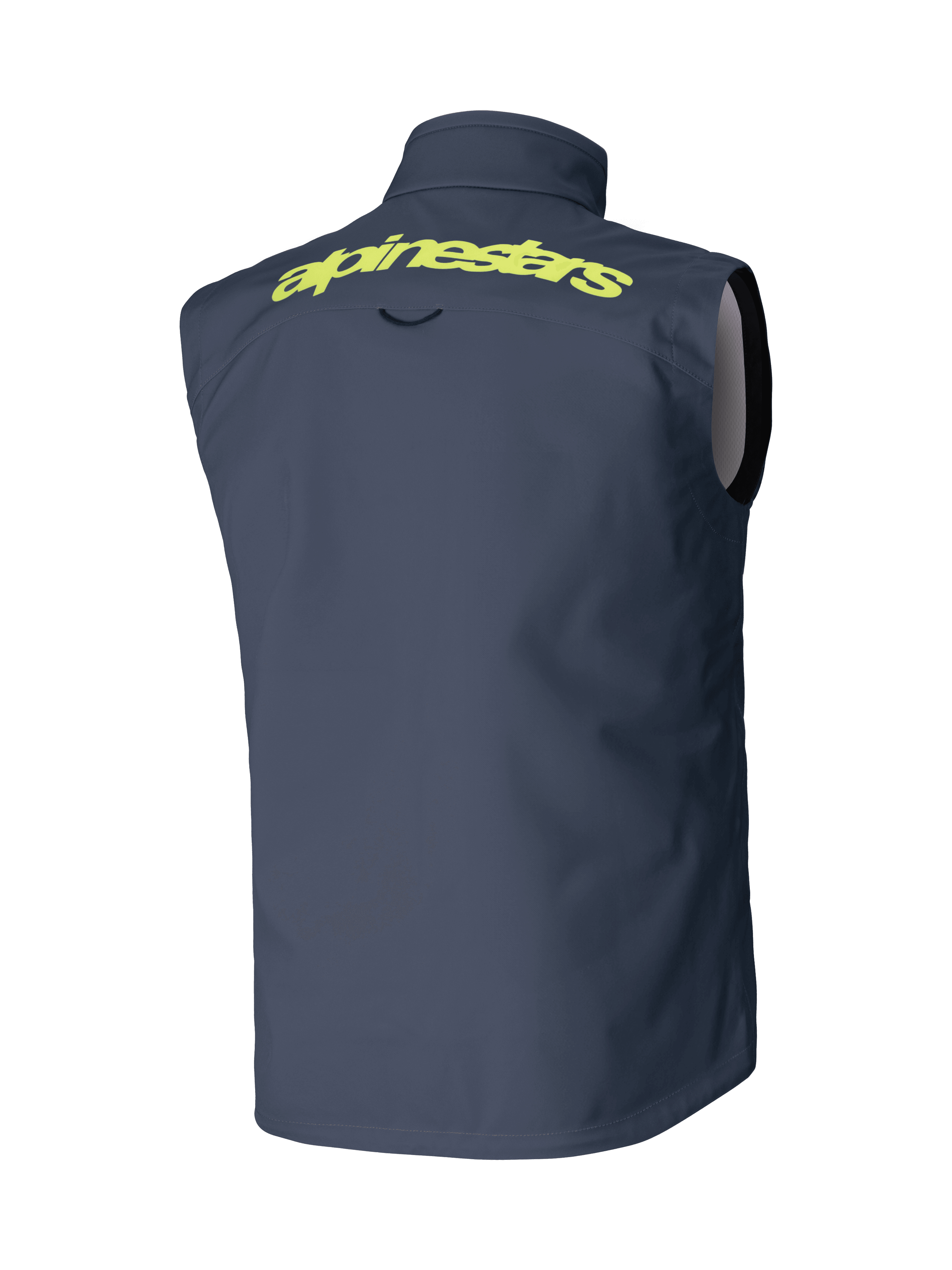 Alpinestars Techstar Softshell-väst, mörkgrå, vy bakifrån, med ett framträdande gult Alpinestars-ordmärke på axlarna, ärmlös vindtät design, prestandautrustning för motocross och terrängkörning