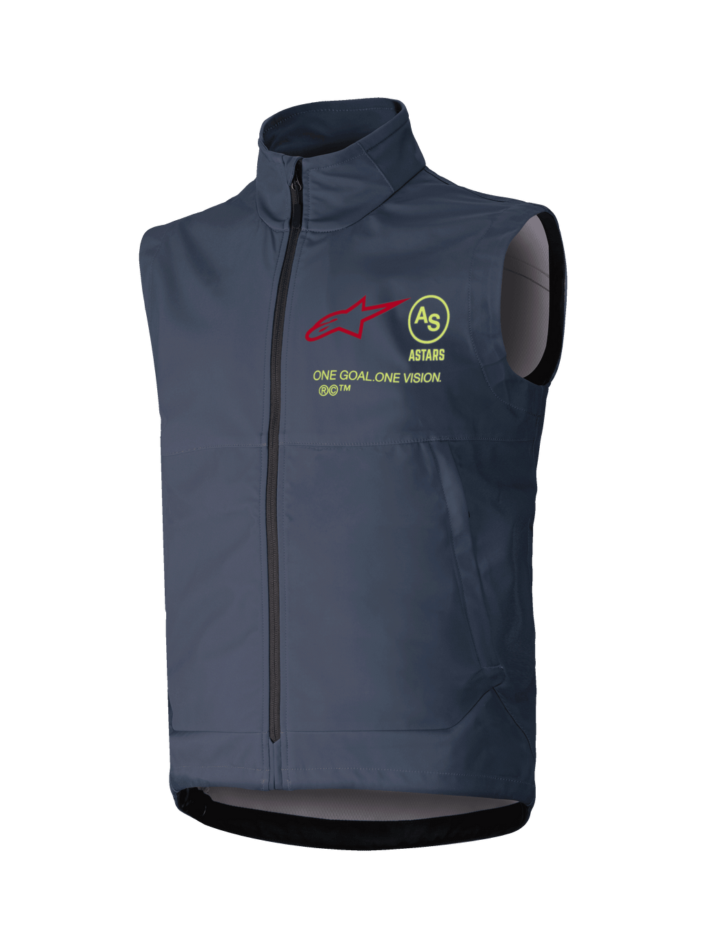 Alpinestars Techstar Softshell-väst, ärmlös motocrossväst, mörkgrå, hög krage med hellång dragkedja fram, röd stjärnlogotyp, gult cirkulärt AS-emblem, ASTARS-text och mottot ONE GOAL ONE VISION på bröstet, vindtätt lager för terrängkörning.