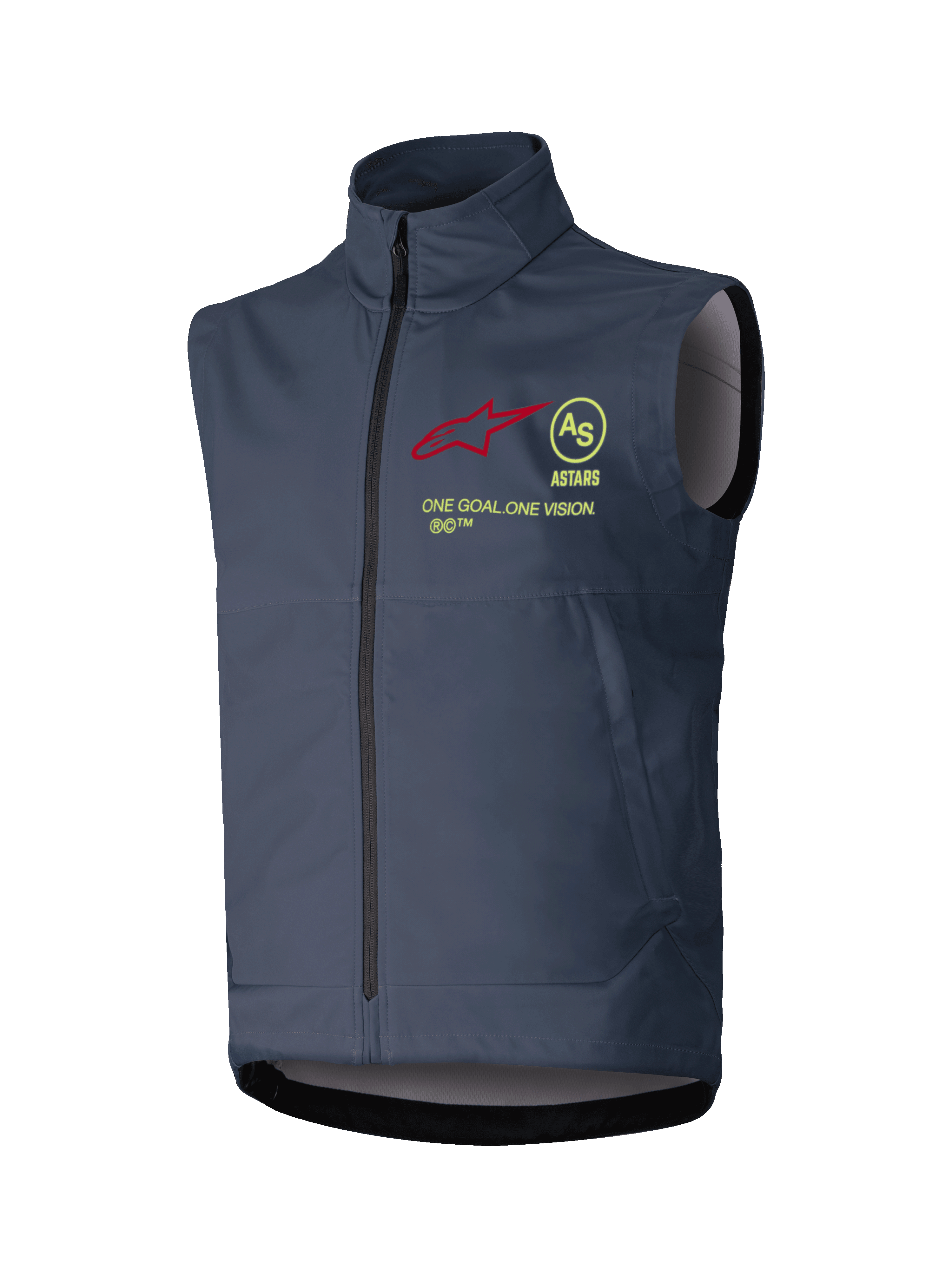 Alpinestars Techstar Softshell-väst, ärmlös motocrossväst, mörkgrå, hög krage med hellång dragkedja fram, röd stjärnlogotyp, gult cirkulärt AS-emblem, ASTARS-text och mottot ONE GOAL ONE VISION på bröstet, vindtätt lager för terrängkörning.