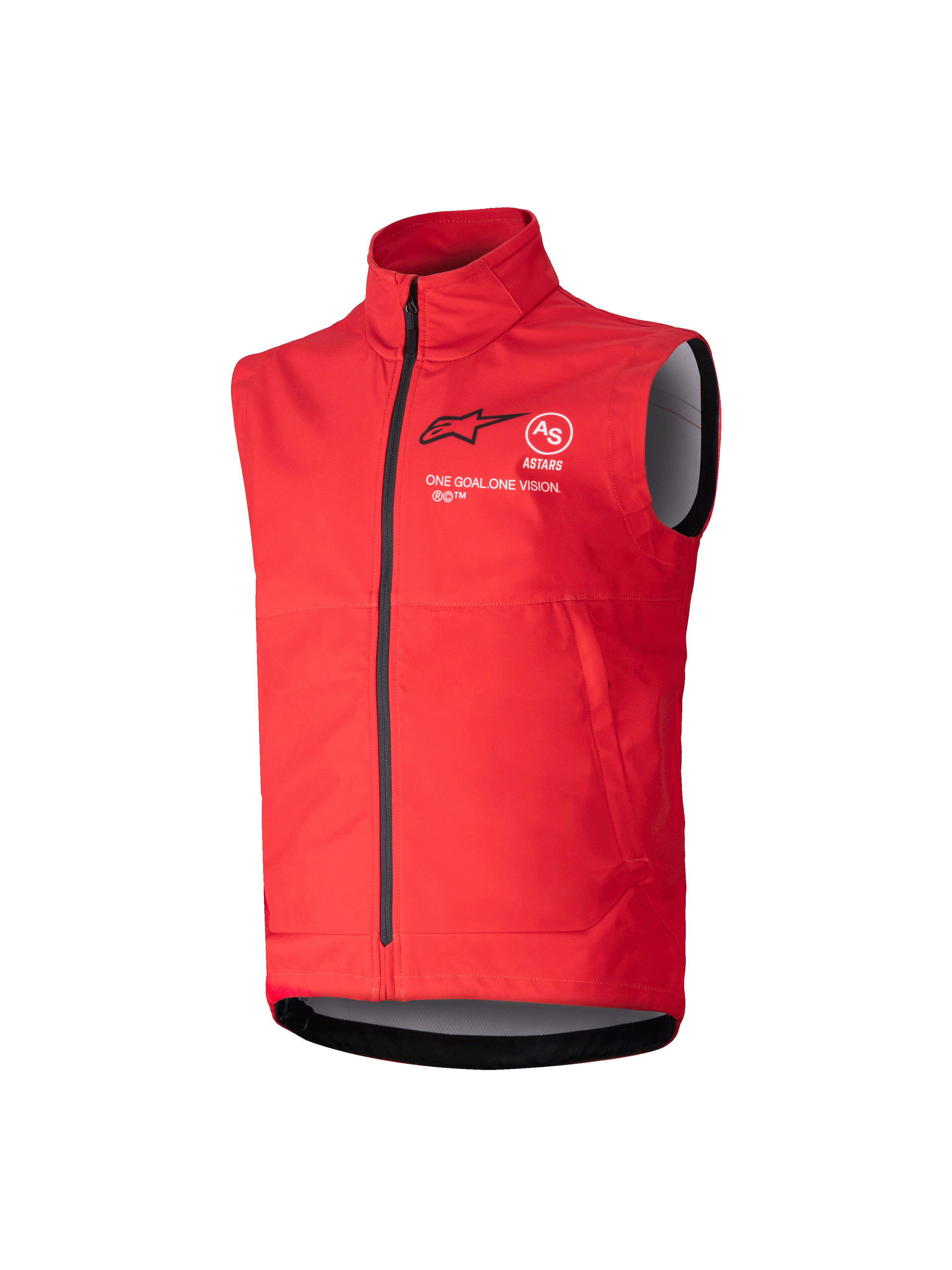 Alpinestars Youth Techstar Softshell Vest, klar röd, vindtät motocrossväst, hög krage med hellång svart dragkedja, ärmlös design med grått innerfoder, svart logotyp och vit text på bröstet