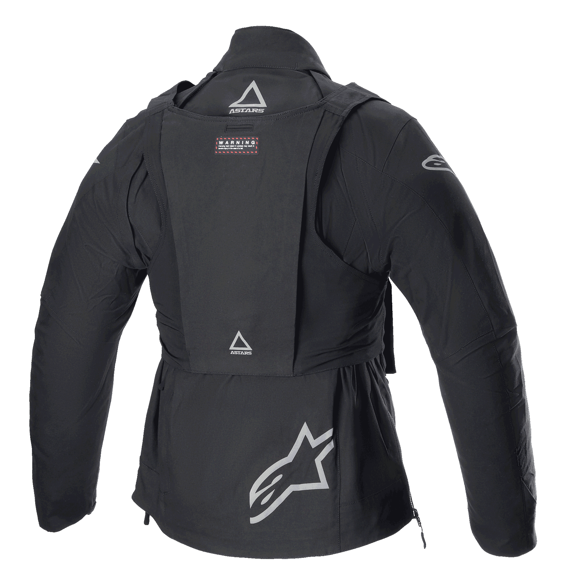 Alpinestars Techdura Jacket with Tactical Pack, Off-Road Motorcycle Jacket, Black Reflex, rear view featuring detachable tactical vest with ASTARS logos, large star logo on the lower back, rugged modular construction for enduro riding