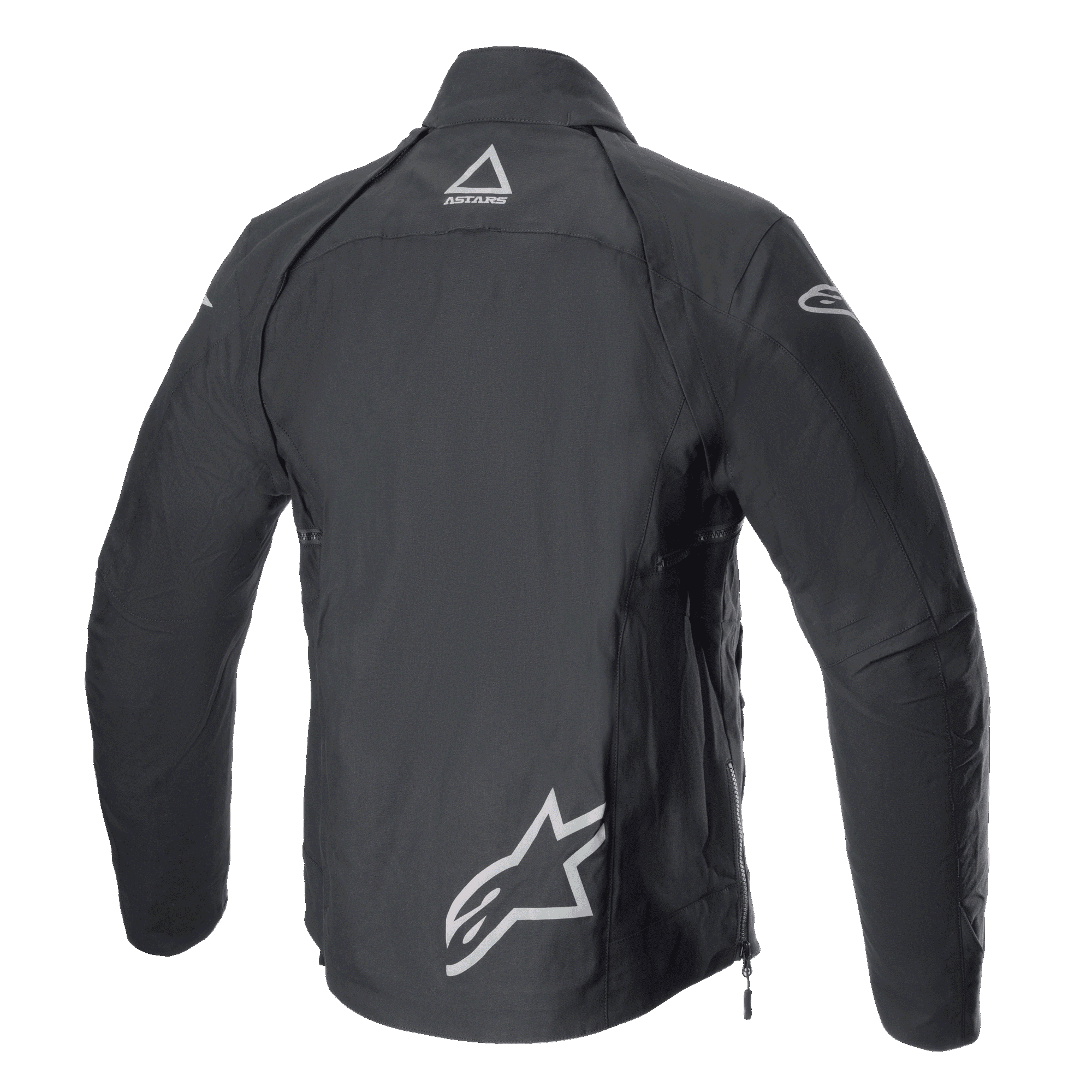 Alpinestars Techdura Jacket, Black Reflex, rear view of textile off-road motorcycle jacket, featuring reflective Alpinestars logos on the lower back and upper neck, rugged design for enduro and adventure riding