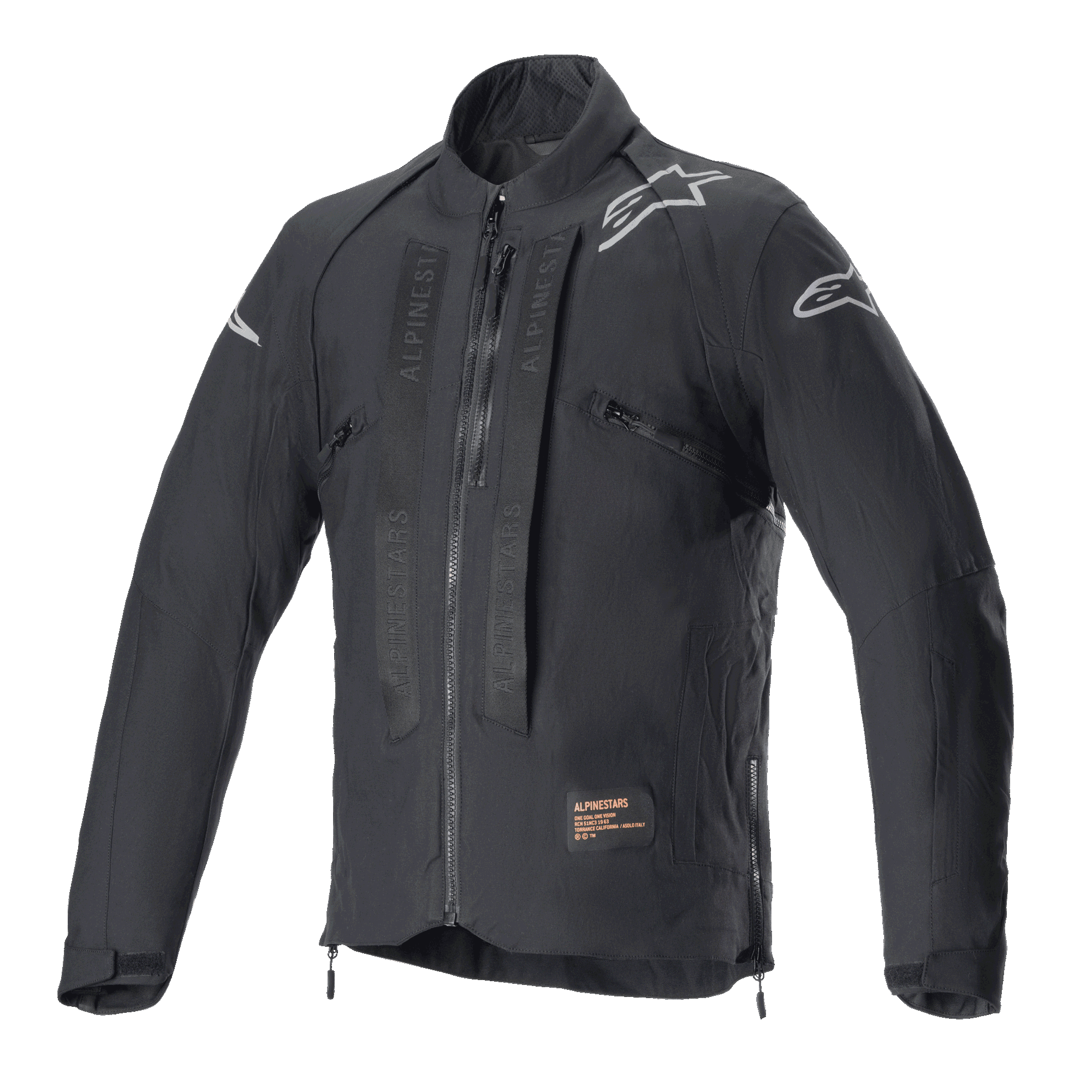 Alpinestars Techdura Jacket, Black Reflex off-road motorcycle jacket, featuring white star logos on shoulders, tonal Alpinestars branding on chest panels, front zipper, and durable textile construction, technical enduro design.