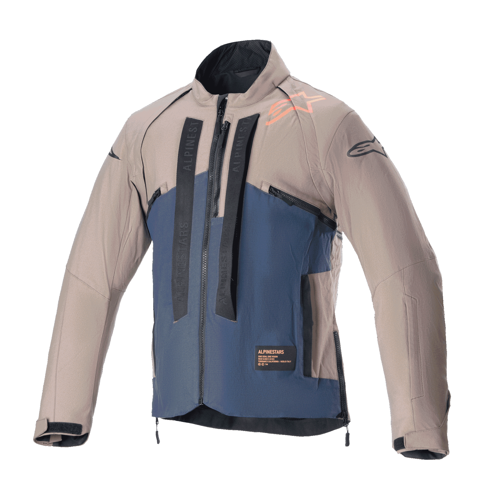 Alpinestars Techdura Jacket, Off-Road Motorcycle Jacket, Falcon Brown and Night Navy, front view, two-tone construction with vertical black Alpinestars branding, orange shoulder logo, high collar, and front zipper, technical apparel for enduro and adventure riding.