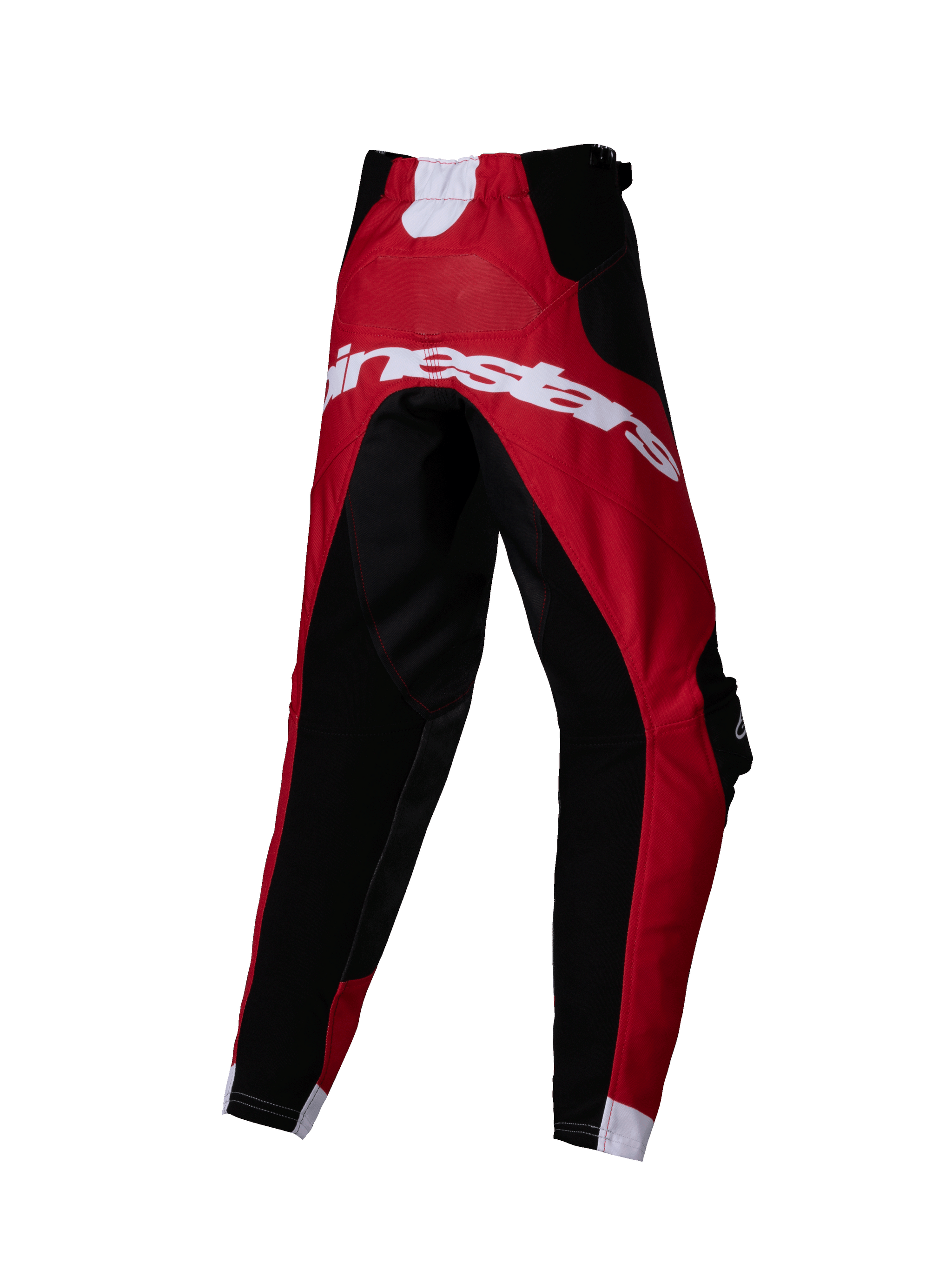 Alpinestars 2025 Kids Racer Veil Pants, Motocross Pants, Black and Bright Red, back view showing large white Alpinestars branding, technical multi-panel design for off-road racing