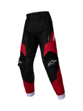 Alpinestars 2025 Kids Racer Veil Pants, Youth Motocross Pants, Black and Bright Red, white logos on thighs and knees, white ankle cuffs, pre-curved ergonomic design, durable material for off-road racing