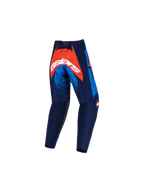 Alpinestars 2026 Kids Racer Nomur Pants, Motocross Pants, Dark Navy Orange and UCLA Blue, rear view featuring a large orange panel on the seat with white branding, blue speckled accents on the thighs, and durable textile construction for off-road riding.
