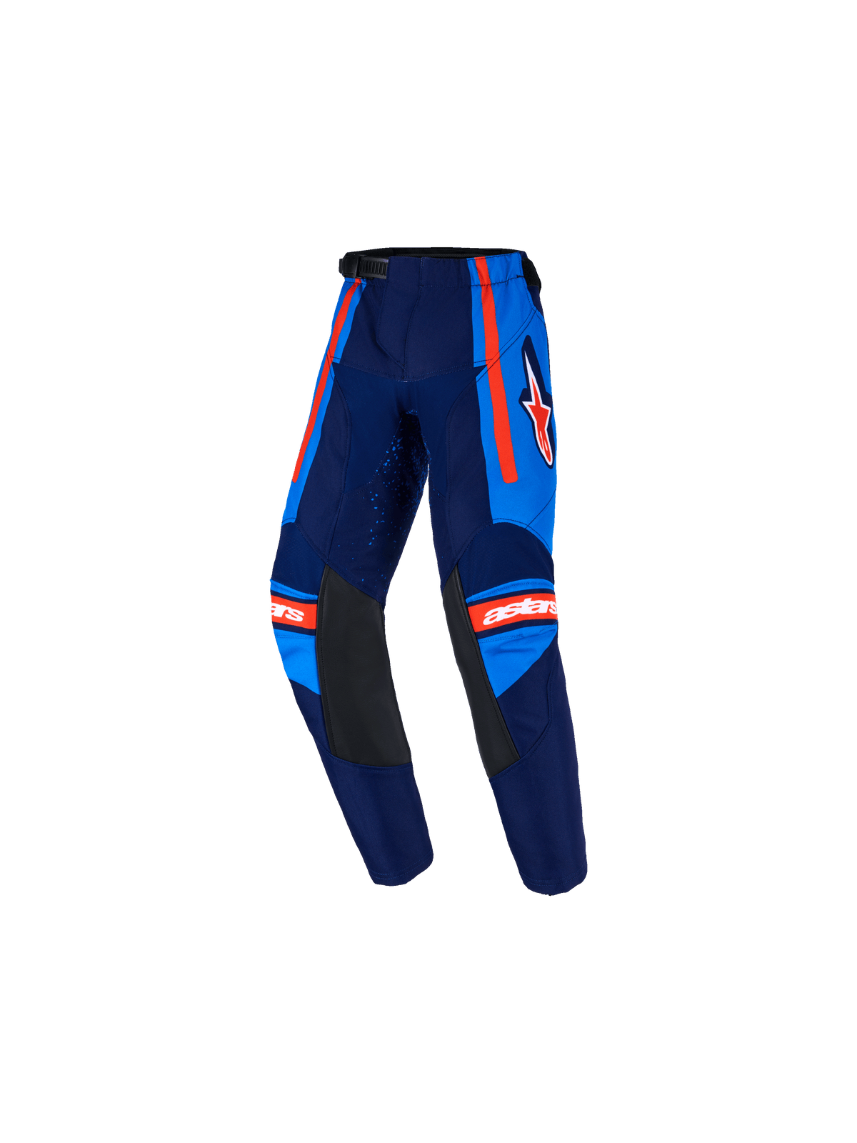 Alpinestars 2026 Kids Racer Nomur Pants, Youth Motocross Pants, Dark Navy and UCLA Blue with Orange accents, featuring black leather inner knee panels, orange side stripes, white Astars logo, and pre-curved design for off-road racing