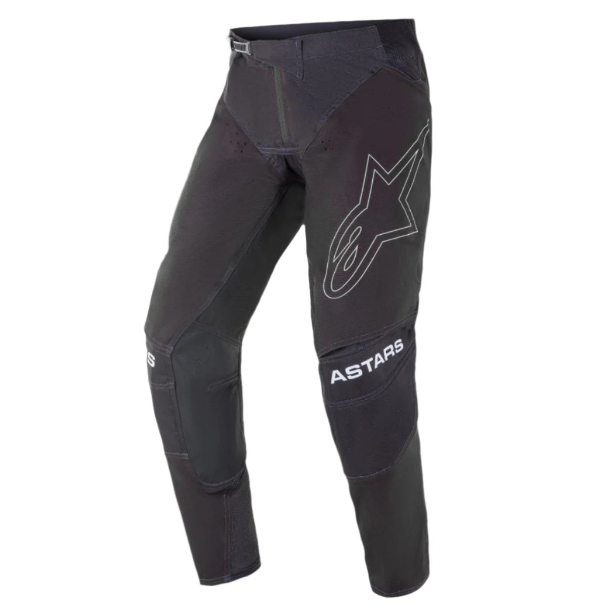 Alpinestars 2021 Techstar Phantom byxor, motocrossbyxor, svarta med vita detaljer, stor konturerad stjärnlogotyp på låret, ASTARS-branding på knäna, tekniskt ripstop-material med perforerade zoner och 3D Babel-knäkonstruktion för racingprestanda i terräng.