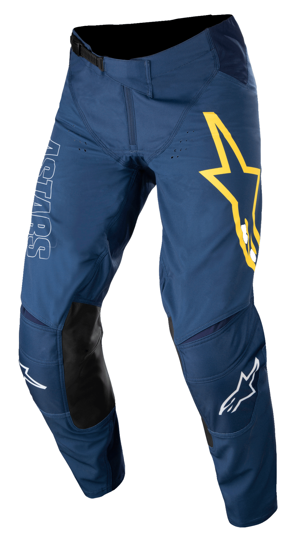 Alpinestars Techstar Phantom byxor, motocrossbyxor, mörkblå med gula och vita detaljer, svarta knäpaneler i läder, stor gul stjärnlogotyp på låret, vit ASTARS-logotyp, hållbart ripstop-tyg med stretch för terrängkörning