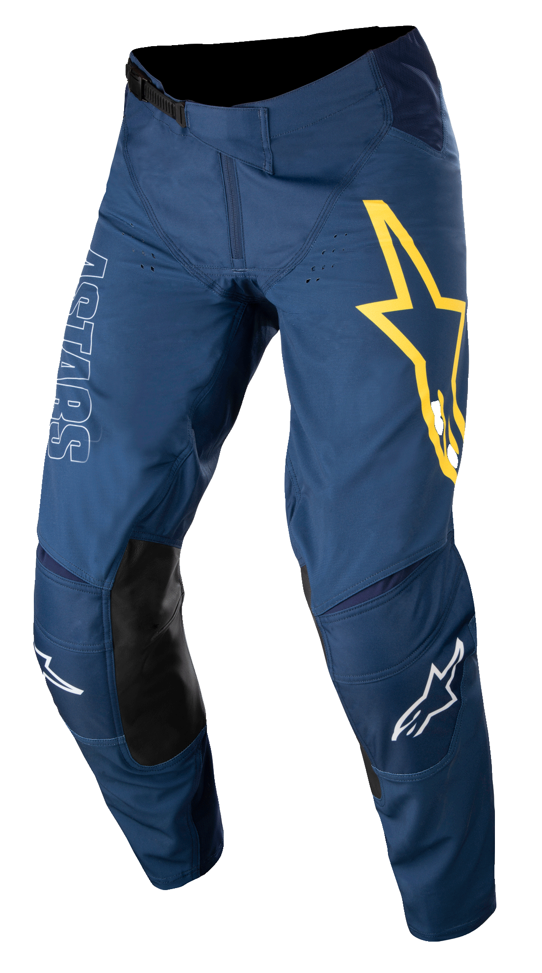Alpinestars Techstar Phantom byxor, motocrossbyxor, mörkblå med gula och vita detaljer, svarta knäpaneler i läder, stor gul stjärnlogotyp på låret, vit ASTARS-logotyp, hållbart ripstop-tyg med stretch för terrängkörning