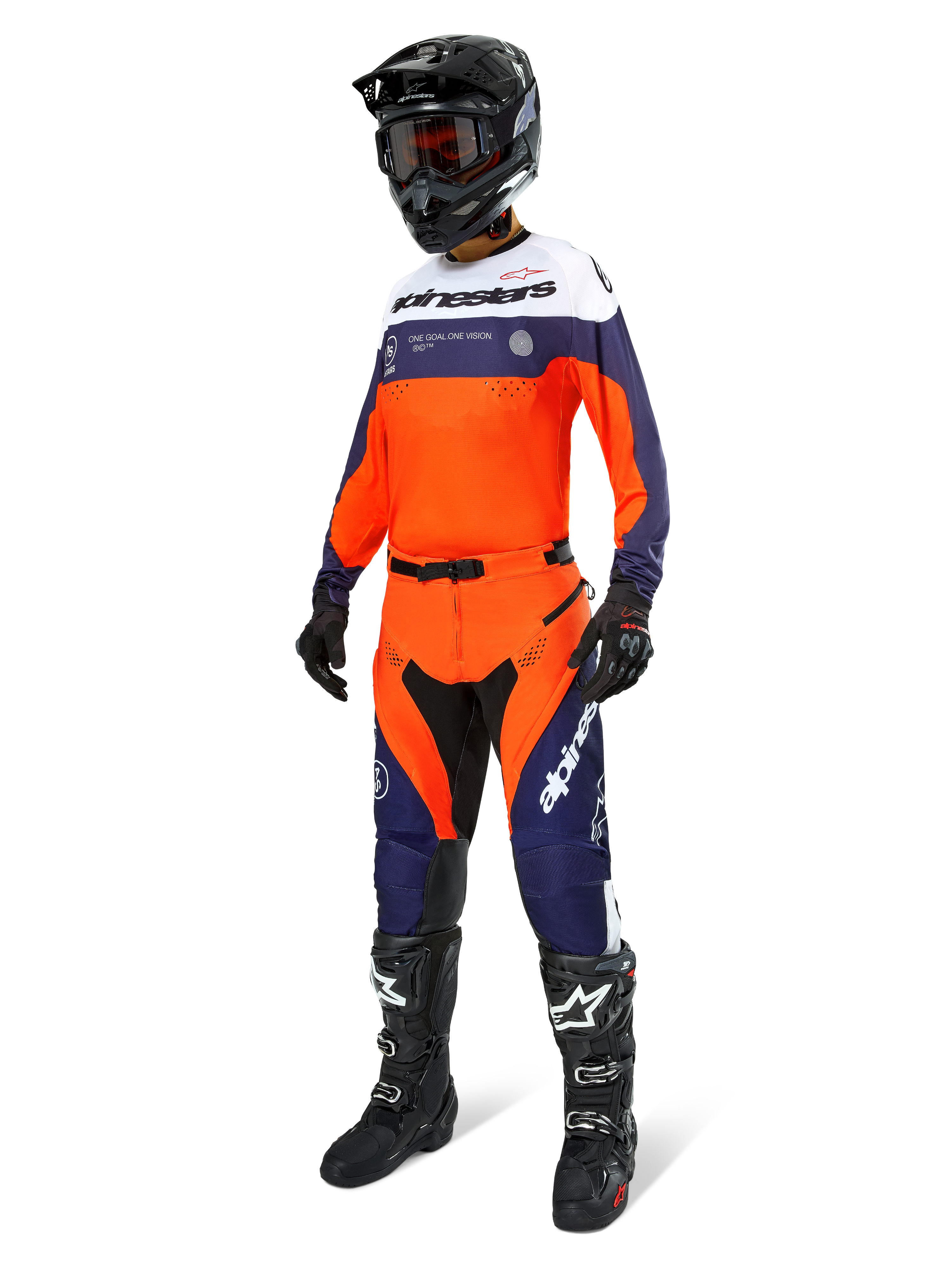 Alpinestars Pro-Dura Pants, Motocross and Enduro Pants, Navy Hot Orange and White, worn as part of a complete racing gear set with matching jersey, black helmet, and black boots, featuring durable panels and bold branding for off-road performance.