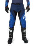 Alpinestars Pro-Dura Pants, Motocross Pants, Navy and Bright Blue with White accents, front view worn with black boots and gloves, technical design for enduro and off-road riding