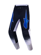 Alpinestars Supertech Hiten AFD Motocross Pants in black and white with blue star graphics and performance ventilation.