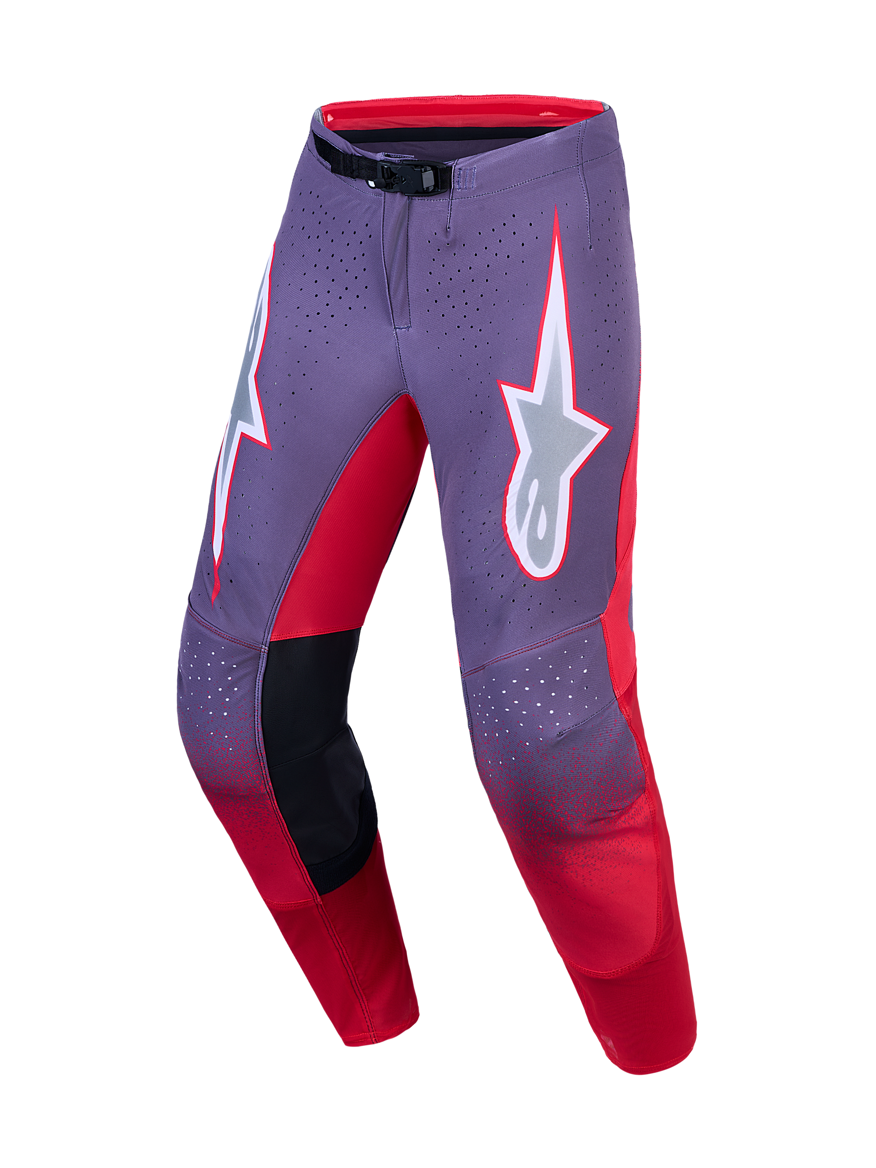 Alpinestars Supertech Hiten AFD motocrossbyxor, lila och röda med laserskuren ventilation och exakt race-passform.