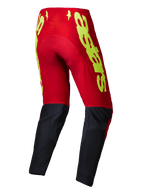 Alpinestars 2025 Supertech Maker Pants, Motocross Pants, Bright Red and Yellow Fluo, rear view showing bold yellow branding on red upper section and black lower leg panels, designed for off-road performance.