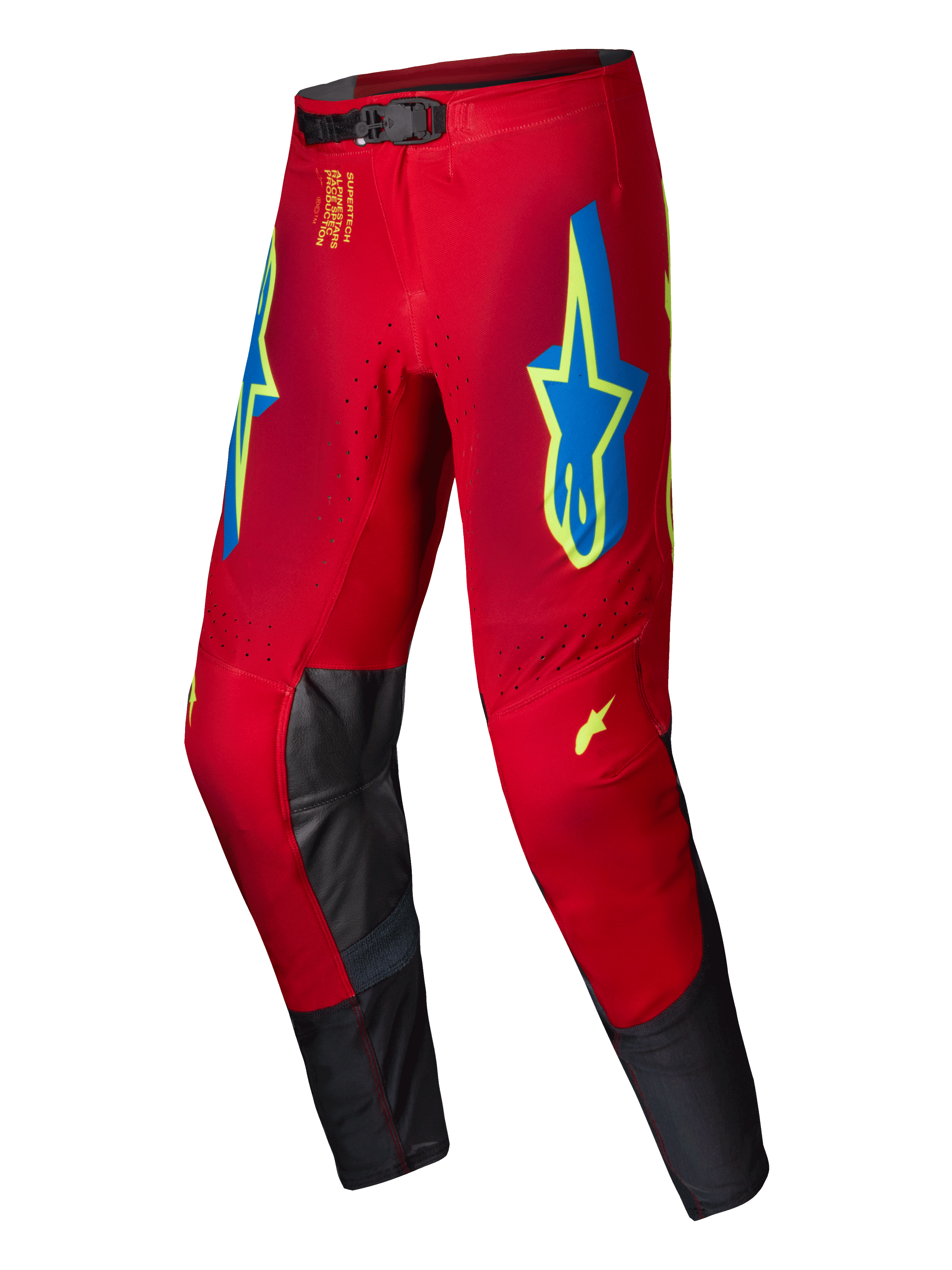 Alpinestars 2025 Supertech Maker Pants, Motocross Pants, Bright Red with Yellow Fluo and Blue accents, featuring large star logos on the thighs and black leather inner knee panels, magnetic waist closure, professional off-road racing gear