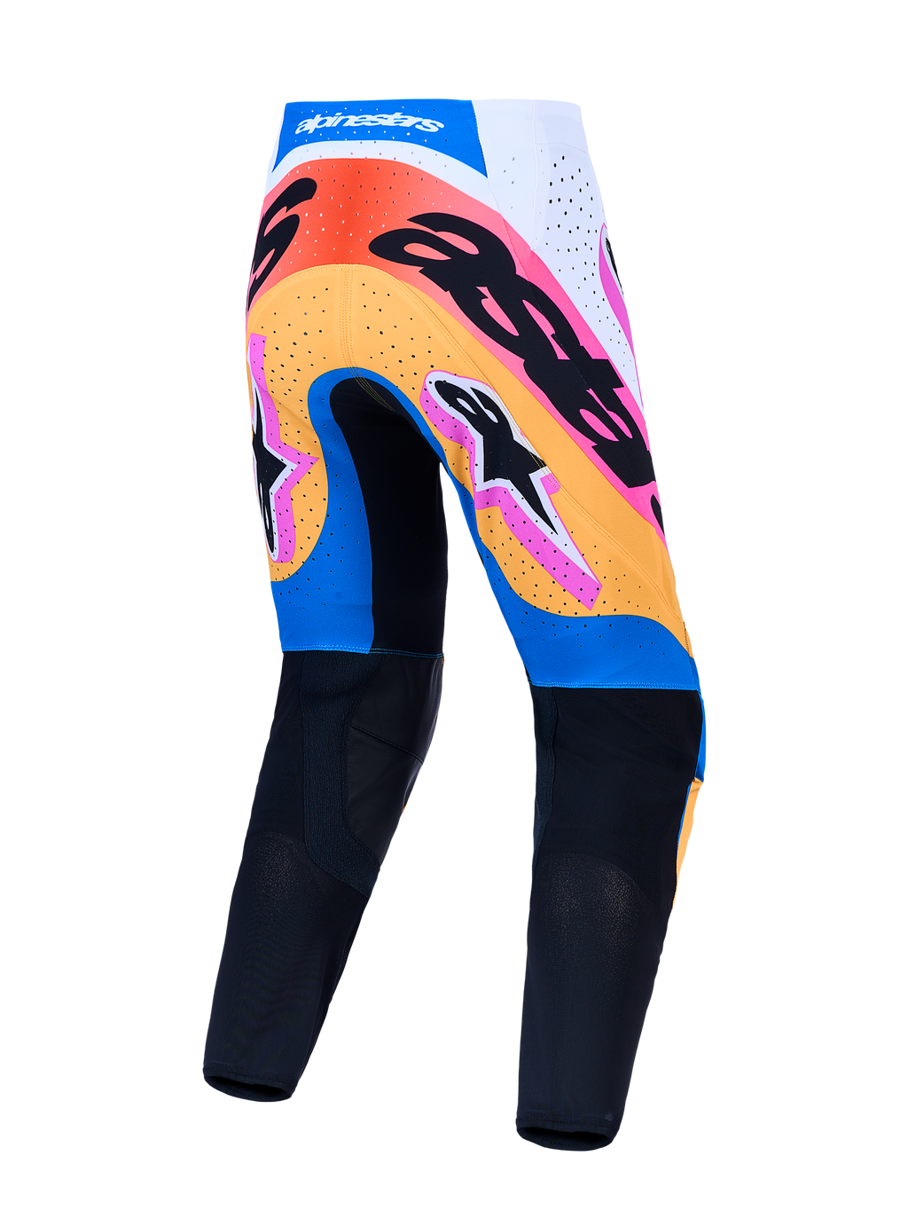 Alpinestars Supertech Dyna herr-motocrossbyxor, blå och orange, vy bakifrån, perforerade paneler och atletisk passform.