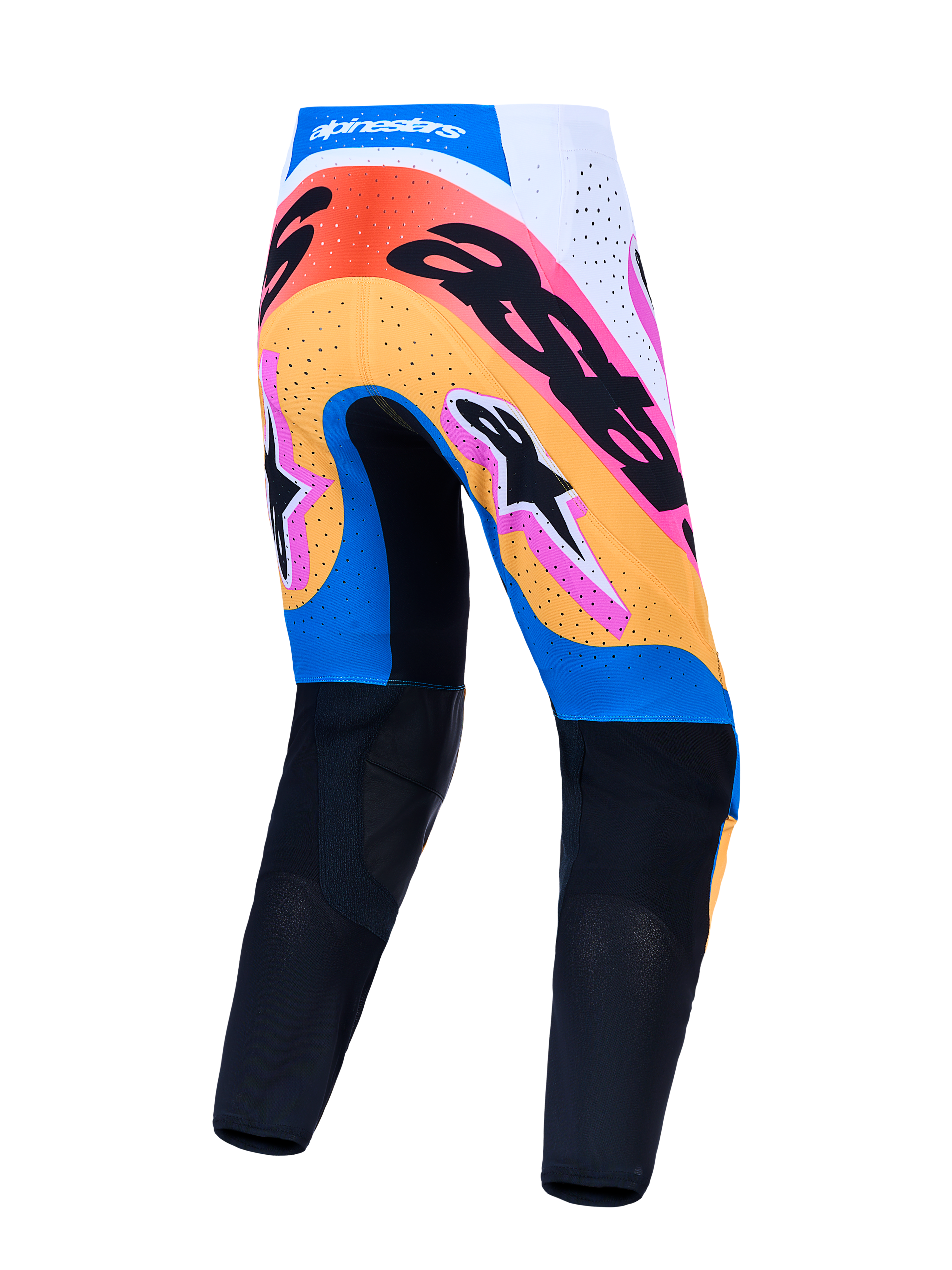 Alpinestars Supertech Dyna herr-motocrossbyxor, blå och orange, vy bakifrån, perforerade paneler och atletisk passform.