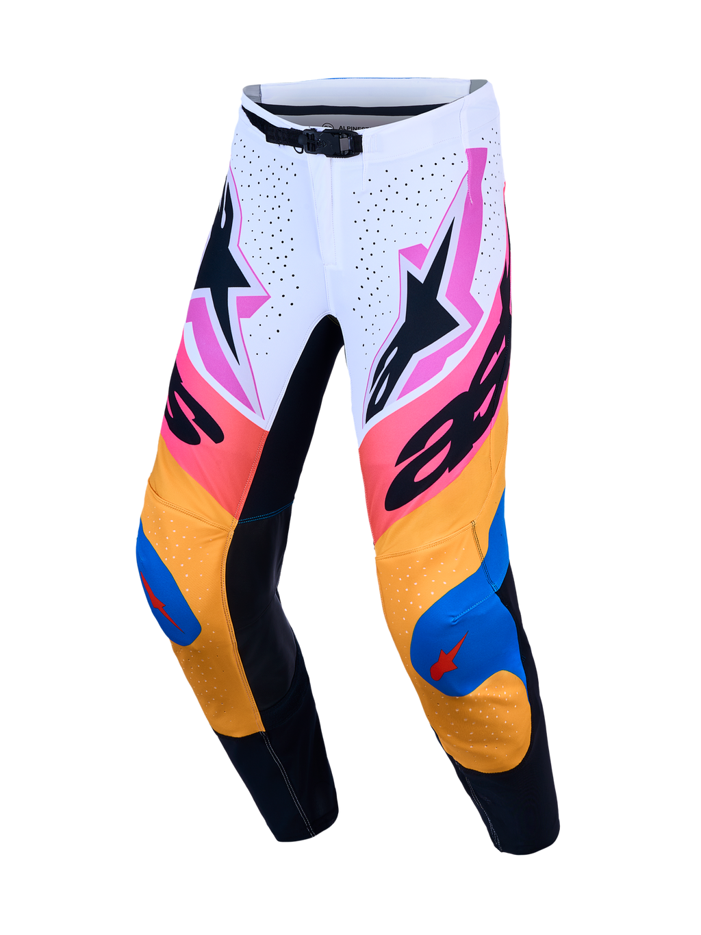 Alpinestars Supertech Dyna byxor, motocrossbyxor för herrar, vita och blå med livlig neongrafik, i lätt stretch-ripstop