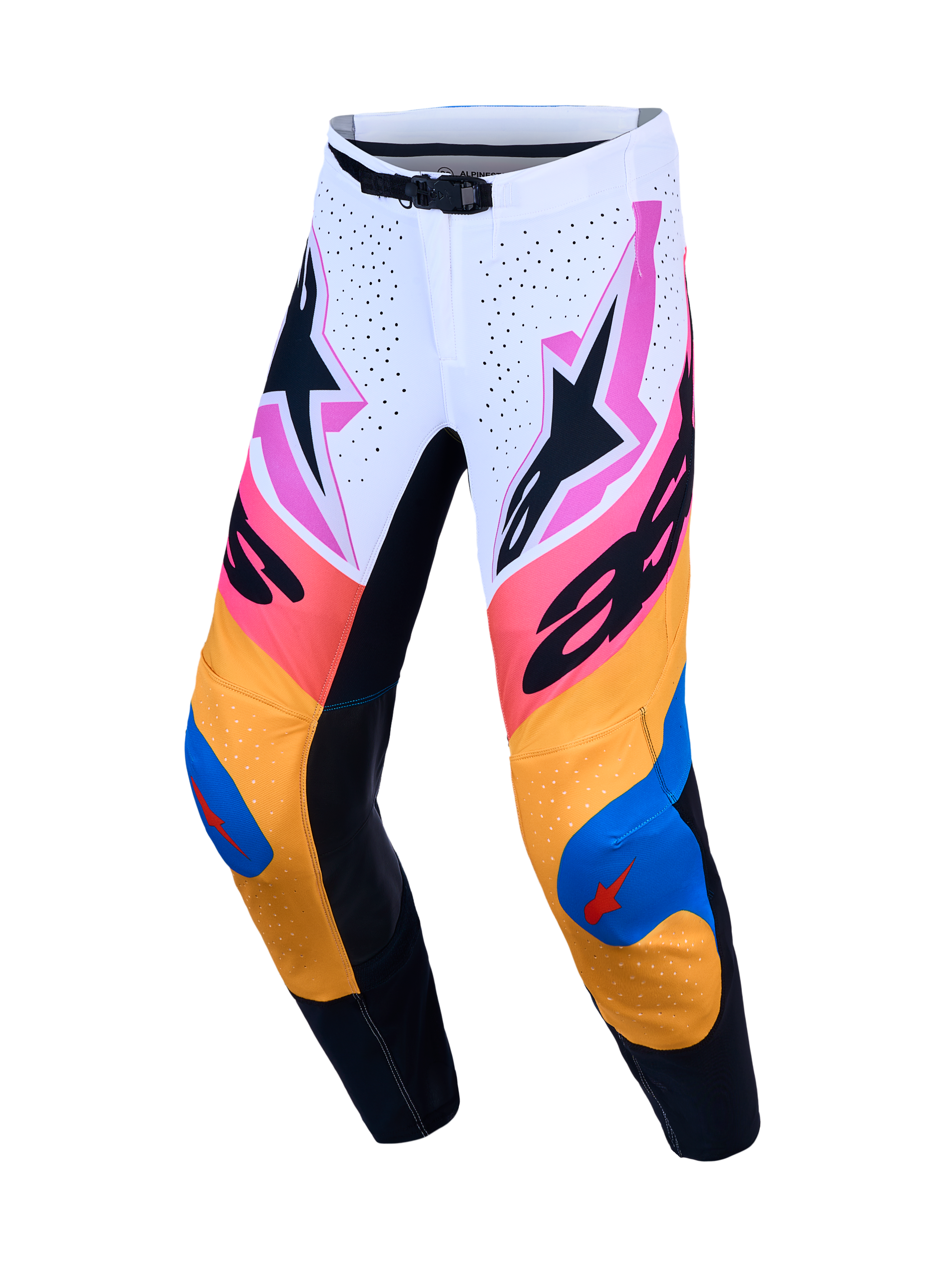 Alpinestars Supertech Dyna byxor, motocrossbyxor för herrar, vita och blå med livlig neongrafik, i lätt stretch-ripstop