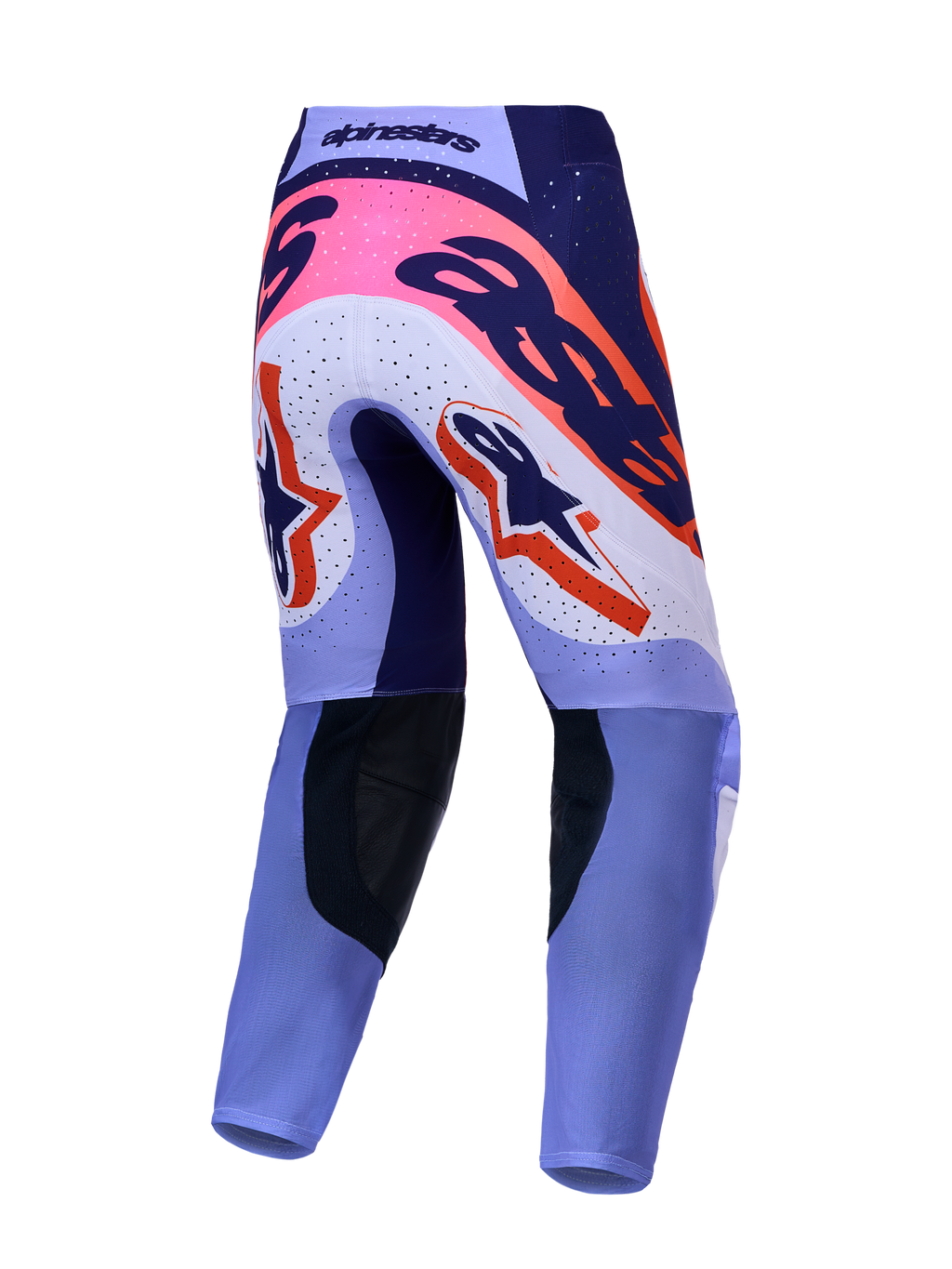 Alpinestars Supertech Dyna motocrossbyxor bakifrån, ljuslila och mörklila med neonrosa detaljer och perforerade paneler.